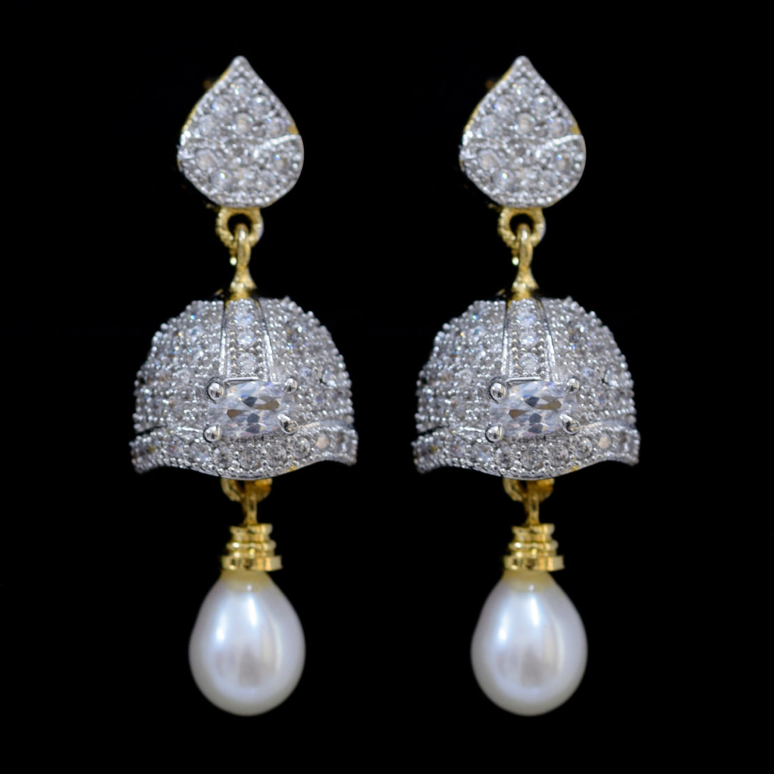 Pearl Jhumkas Studded With American Diamonds