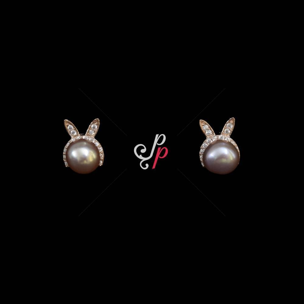 Bunny Shaped Pearl Studs in Lavendar Pearls and Rose Gold Metal