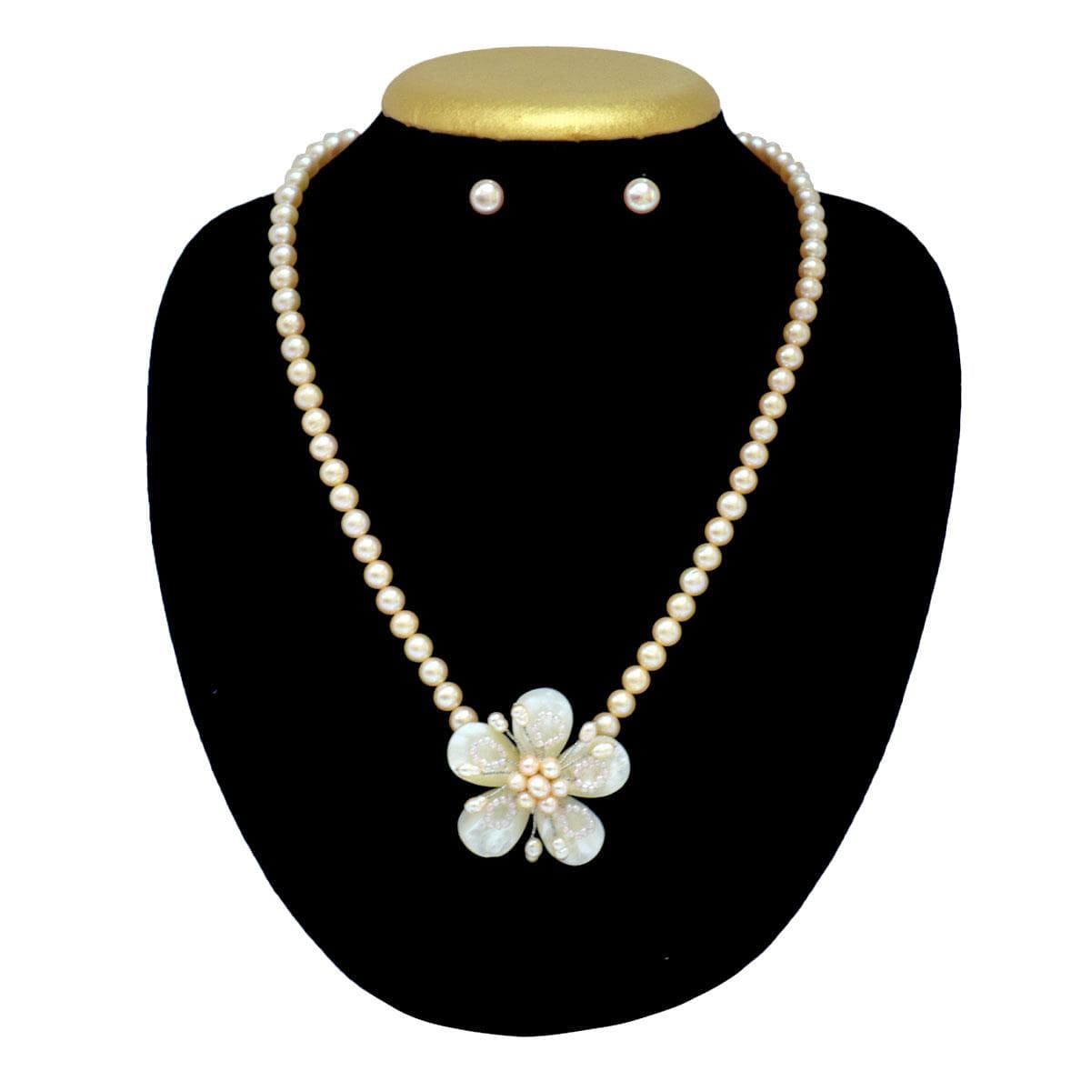 Pretty Peach Pearl Necklace in Mother of Pearl Flower Pendant