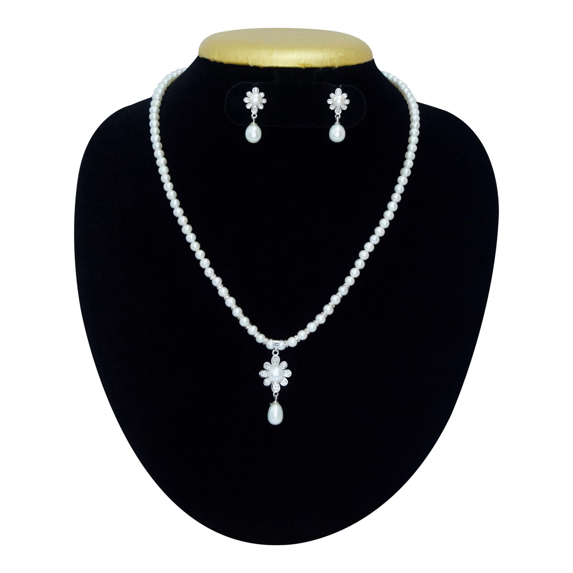 Delicate White Pearl Necklace With A Cute Zircon Studded Flower As Pendant