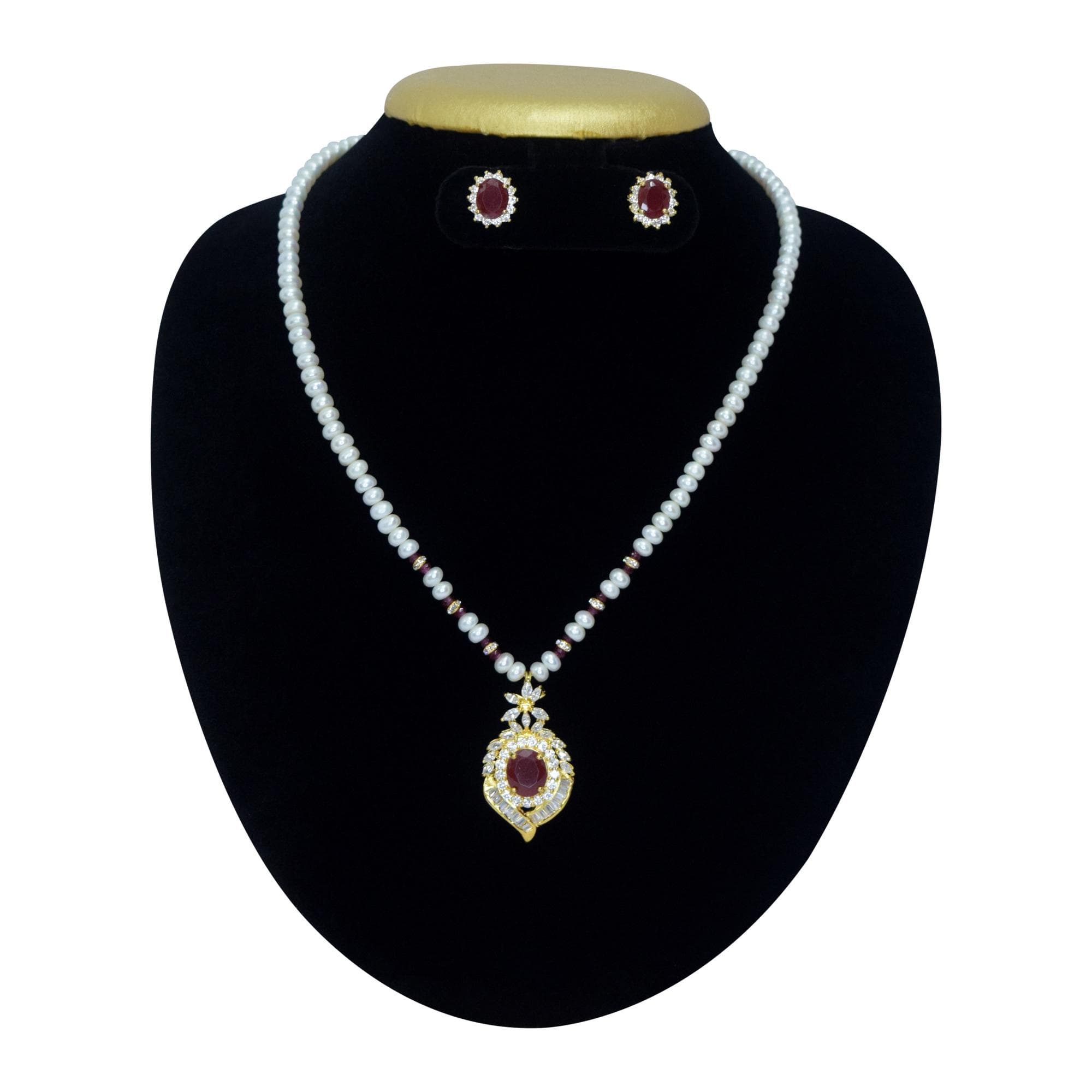 Ethnic White Pearl Necklace With  AD & SP Ruby-Studded Glorious Pendant