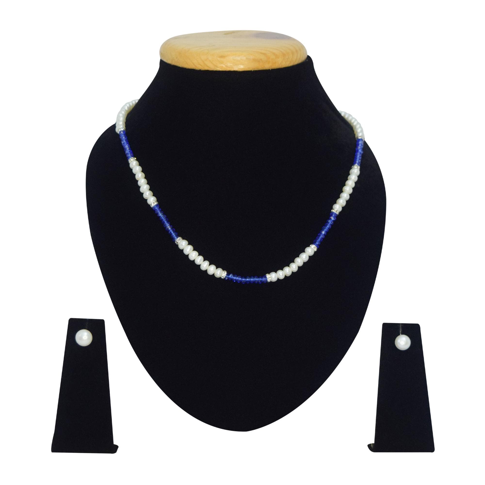 Pretty White Pearl Necklace With Blue Crystals & Zircon Roundels