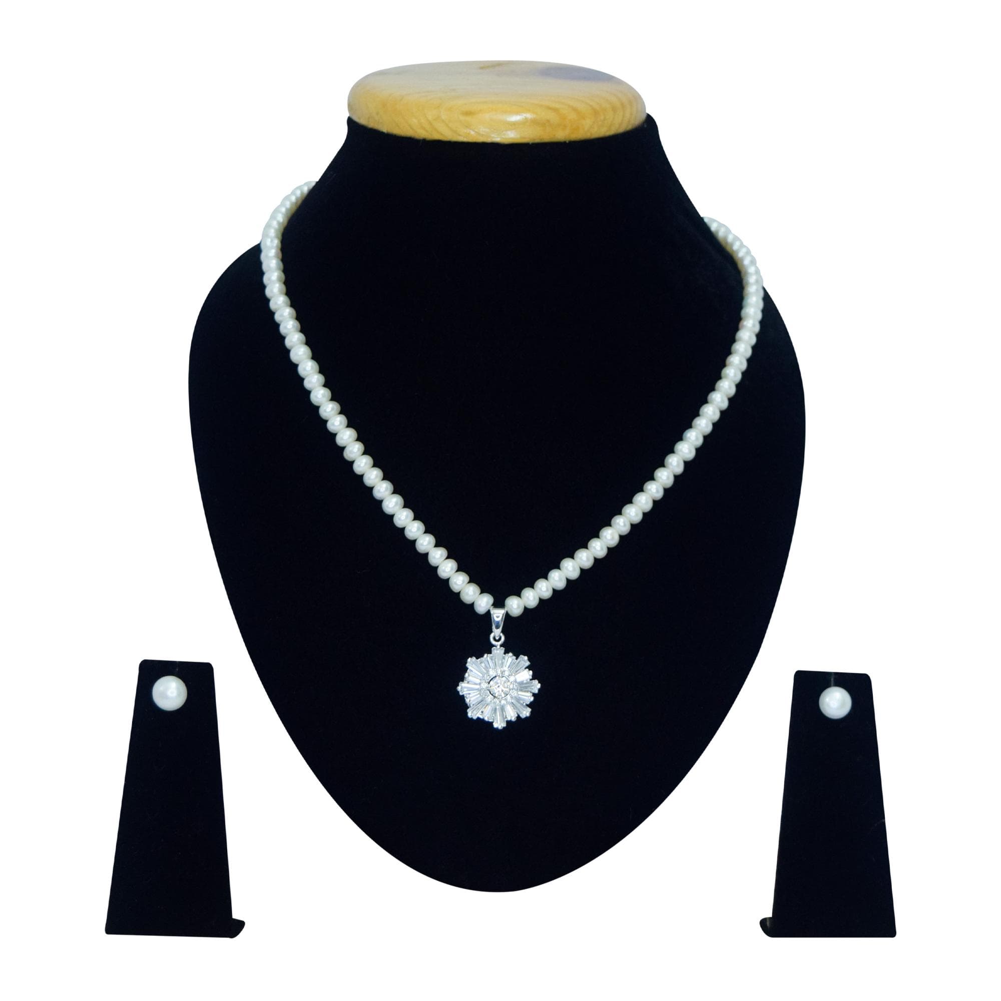Elegant White Oval Pearl Necklace With Brilliant AD Flower Pendant