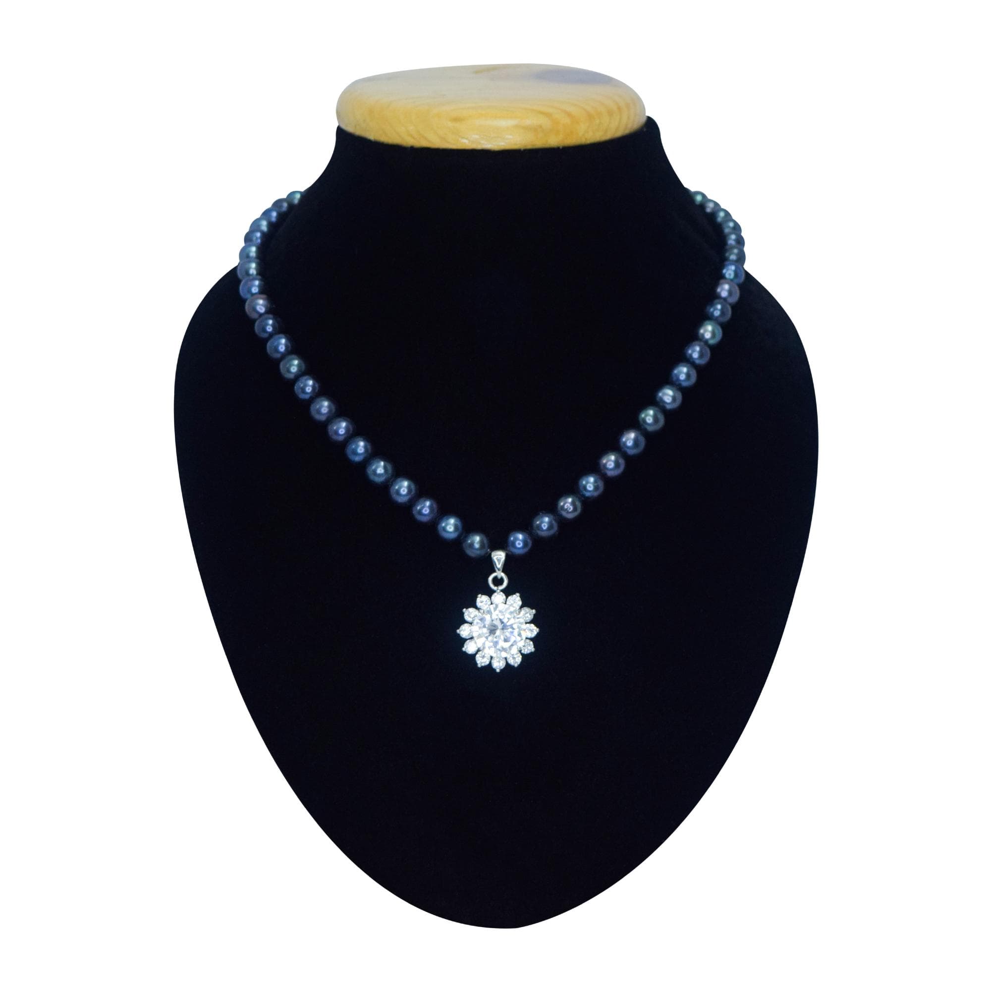 Mystic Blue Round Pearl Necklace With Sparkling AD Flower Pendant