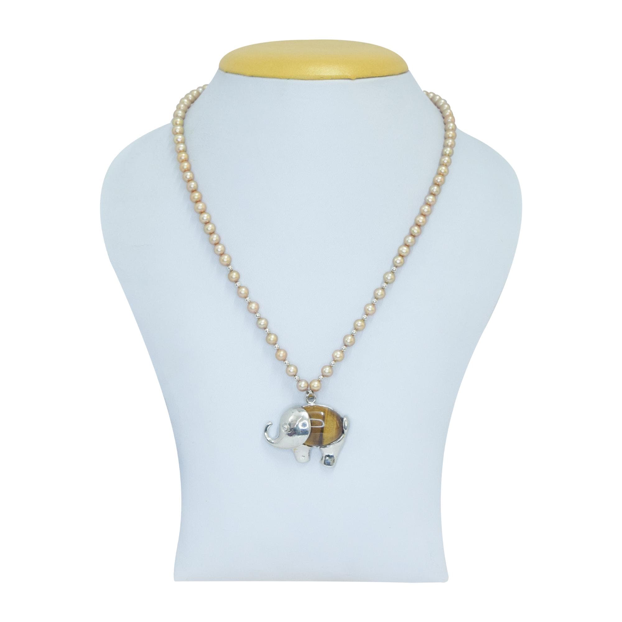 Golden Pearl Necklace With Tiger Eye Elephant Pendant