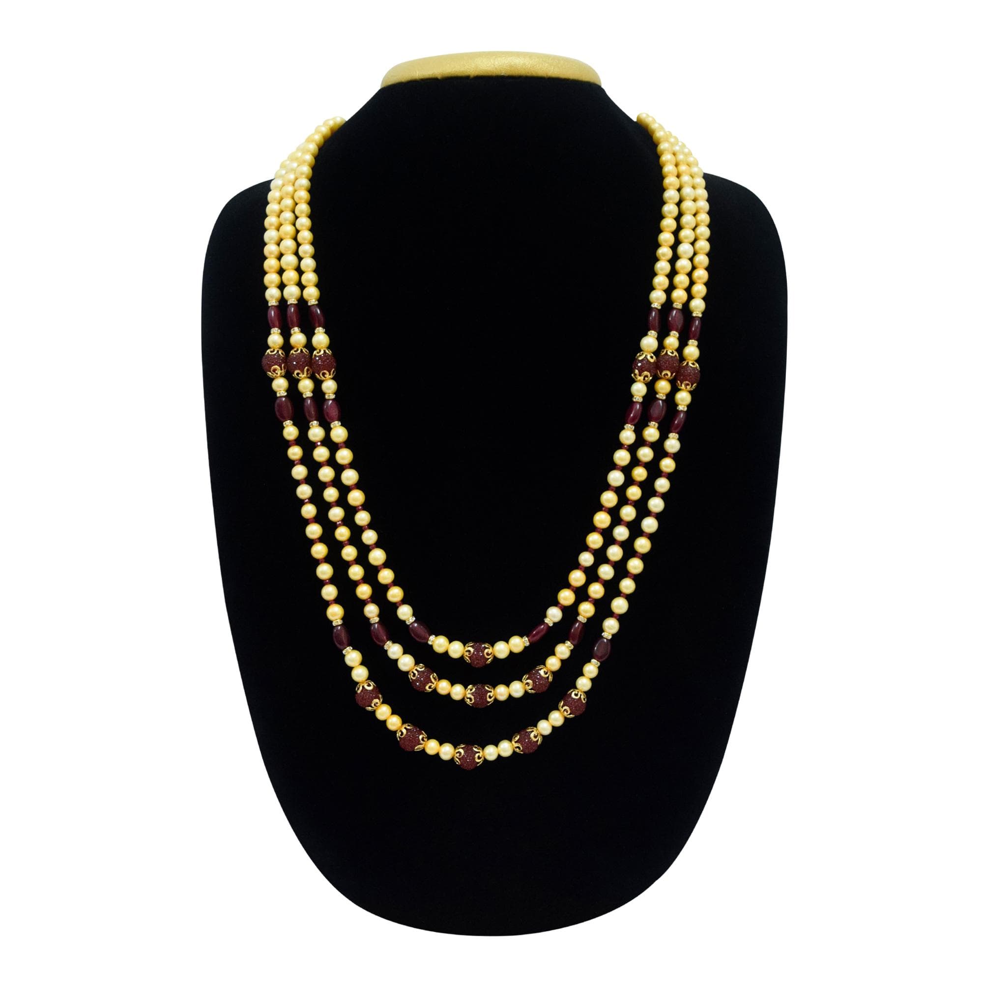 Regal Mens Golden Pearls Mala With Maroon Onyx beads & AD Roundels