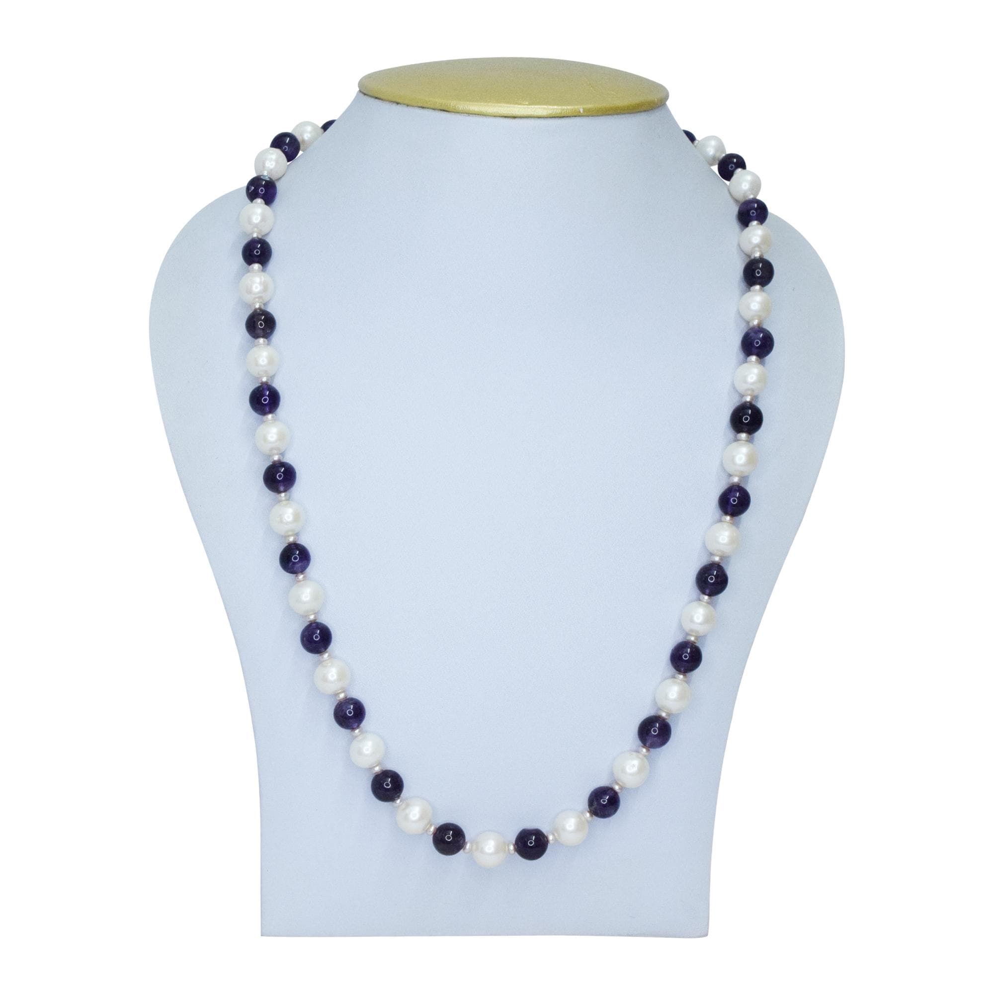Luxurious 23 Inches White Pearls With Purple Garnet Beads Necklace