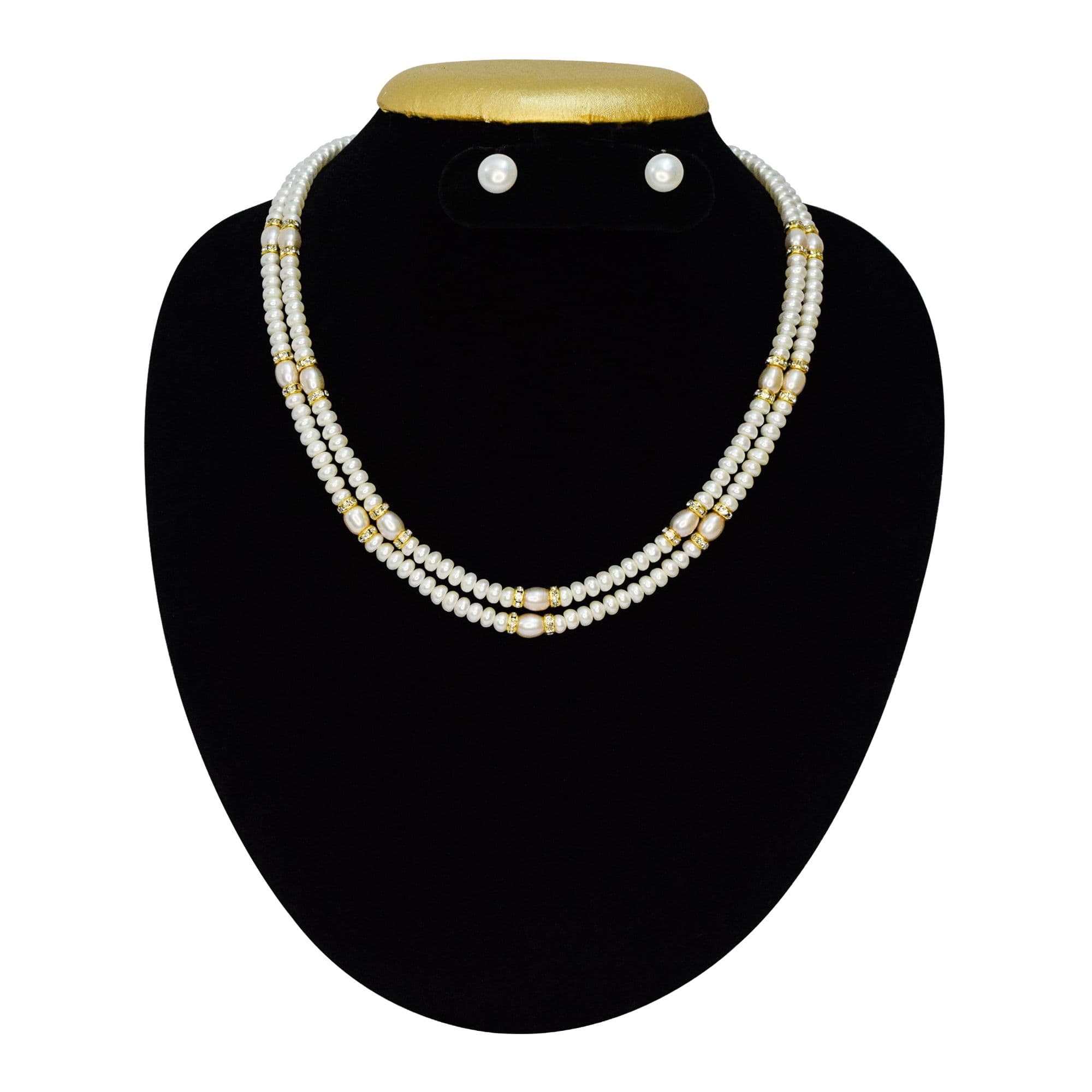 Beautiful Two-Row White Pearl Necklace With Golden Zircon Roundels
