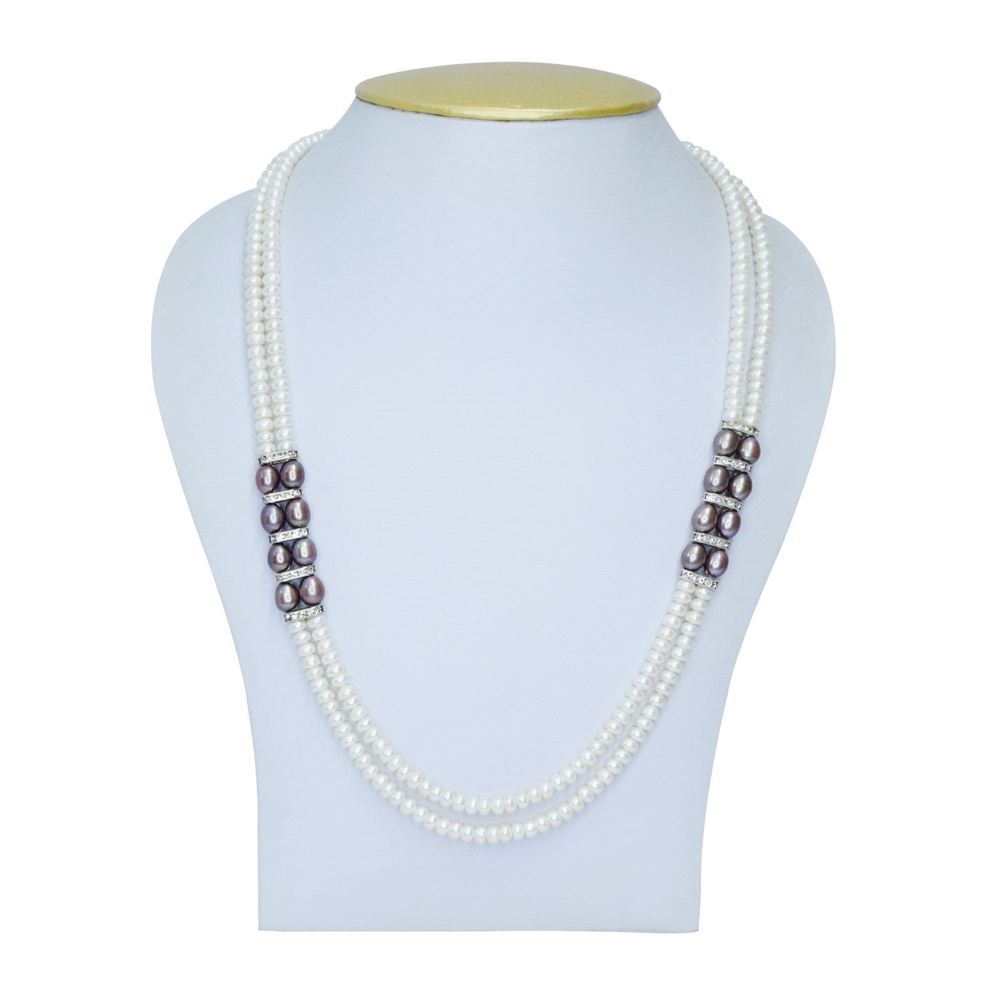 Striking White Pearl Necklace With Brown Pearls & AD Spacers