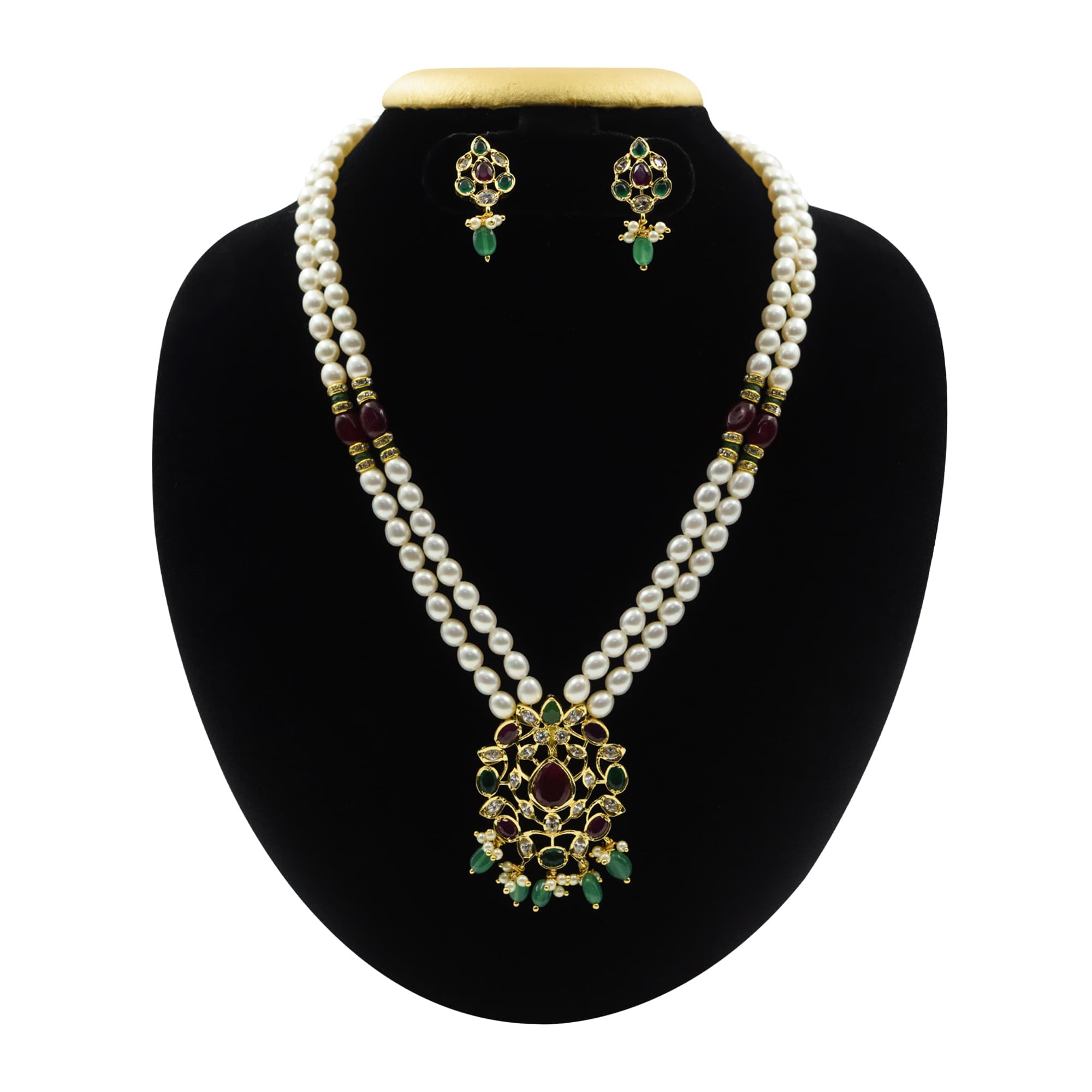 Exemplary 2Row White Oval Pearl Necklace With AD Pendant