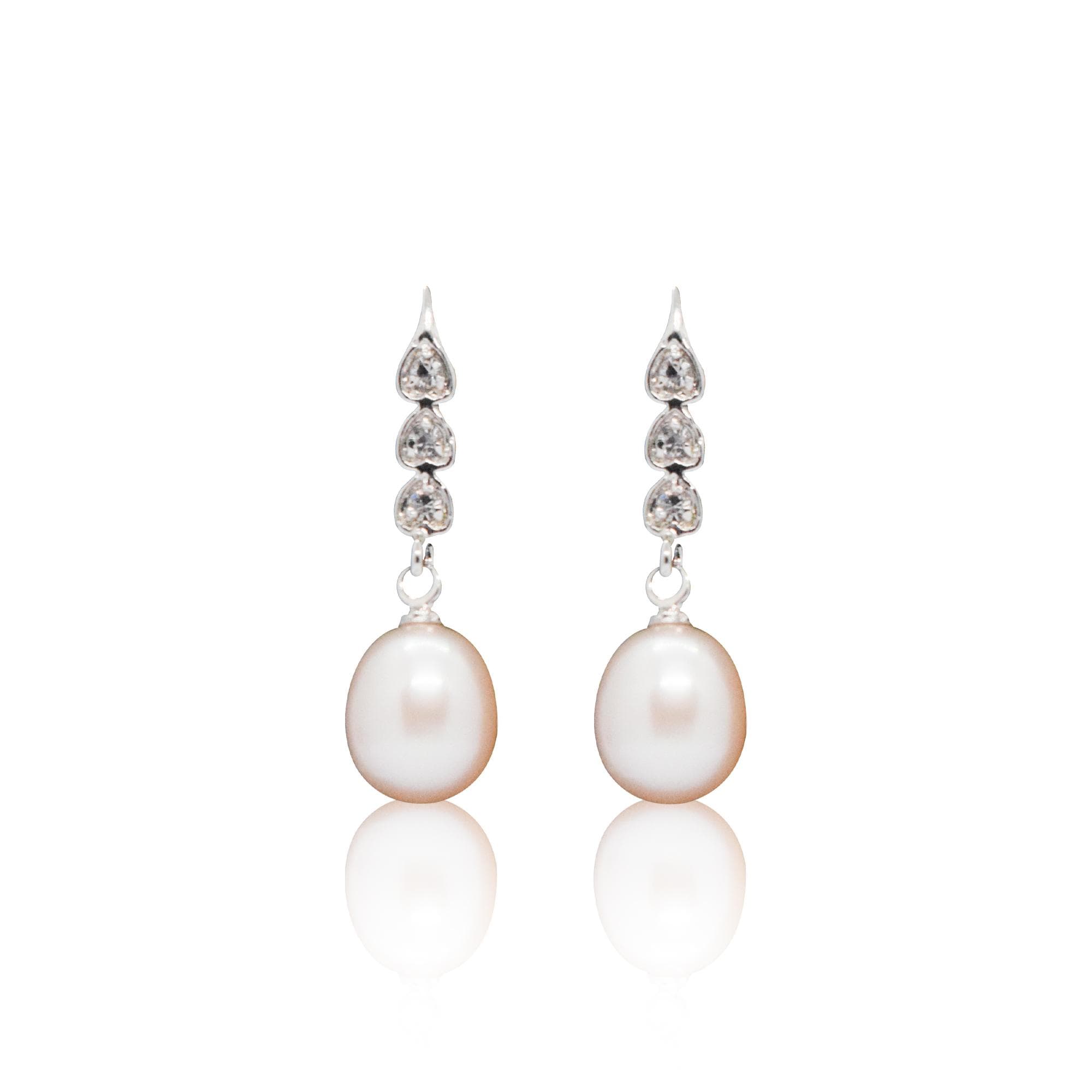 Pretty Hook Earrings Featuring Peach Oval Pearls & CZ