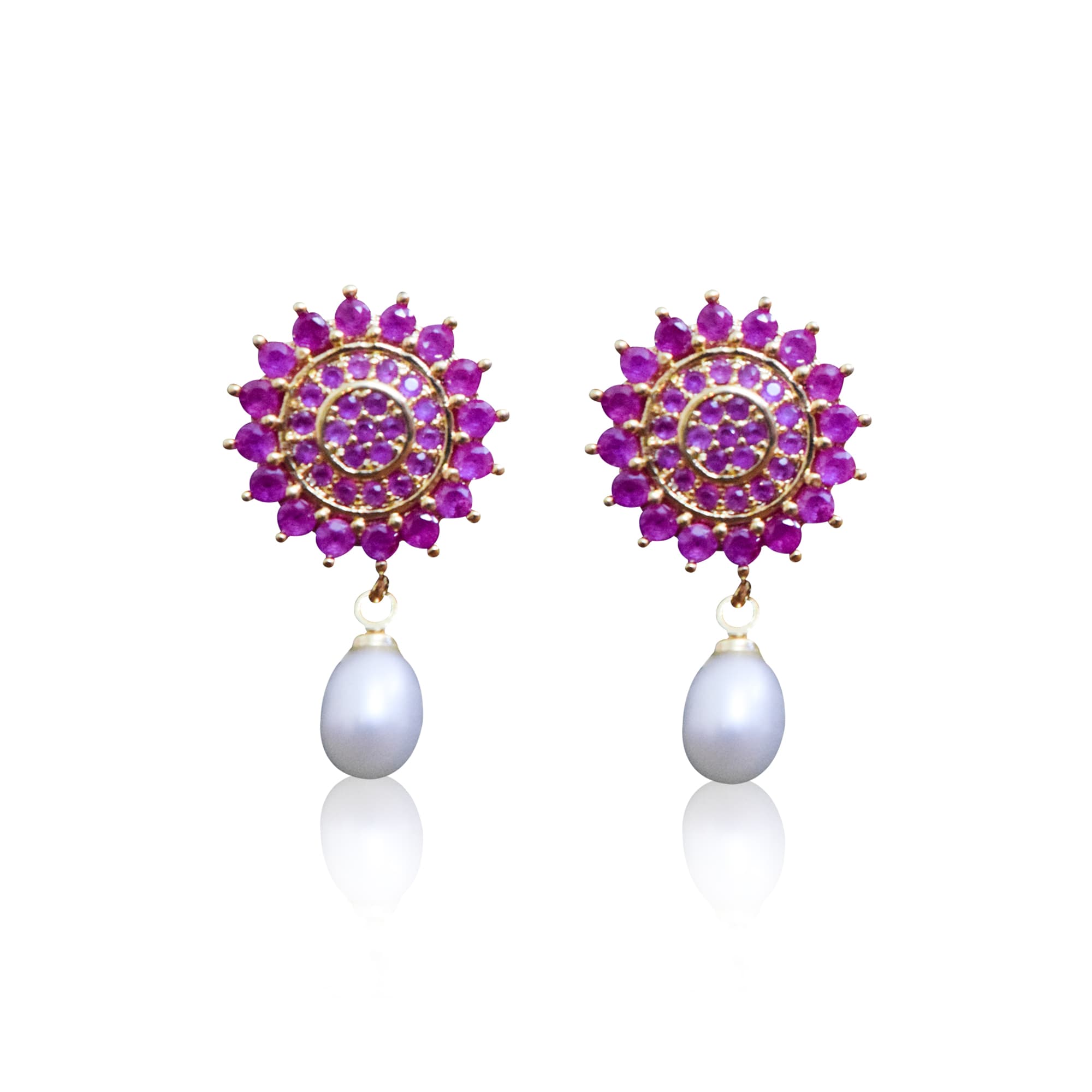 Alluring Floral SP Ruby Studs With 5mm White Oval Pearl Drops