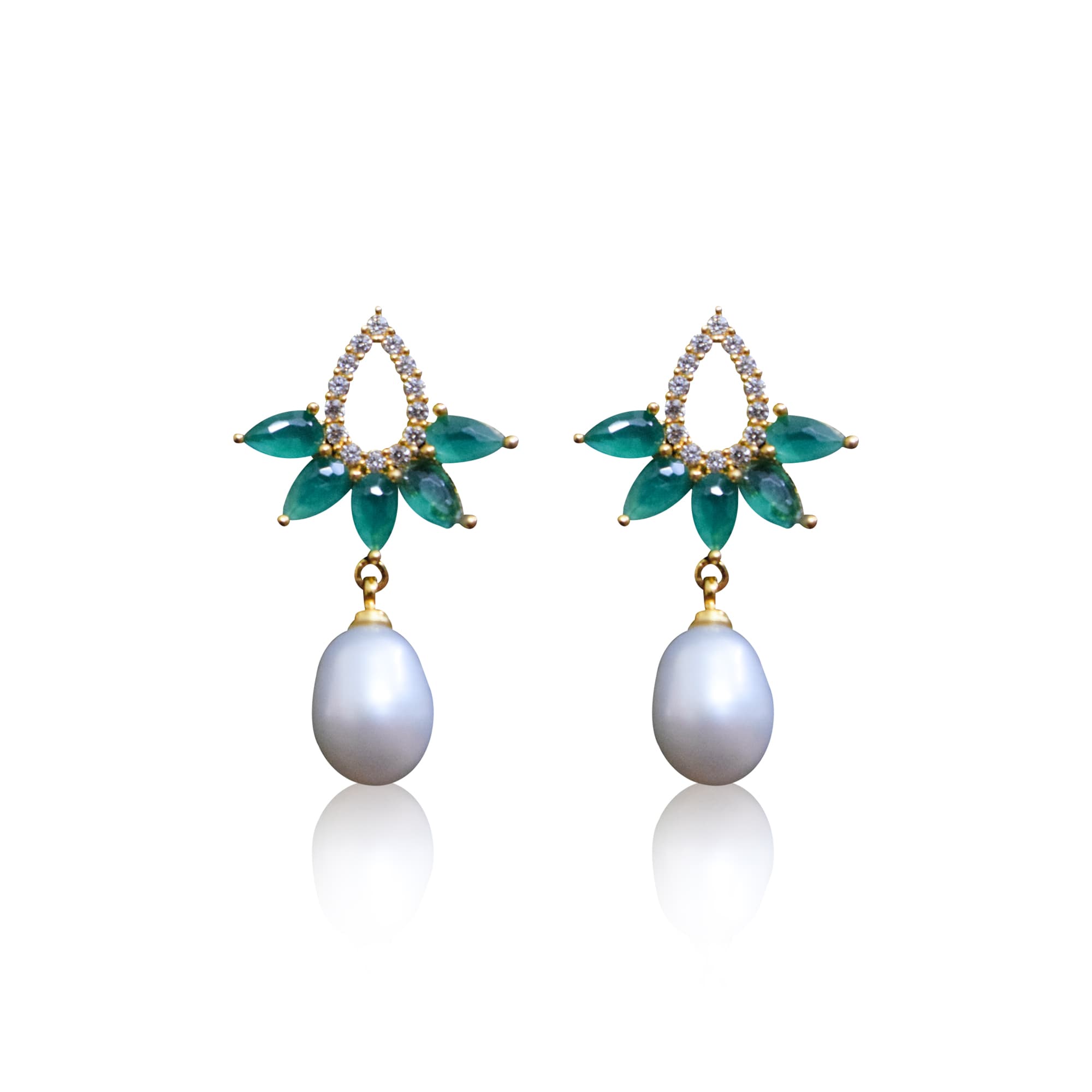 Graceful CZ & SP Emerald Studs With White Oval Pearl Drops