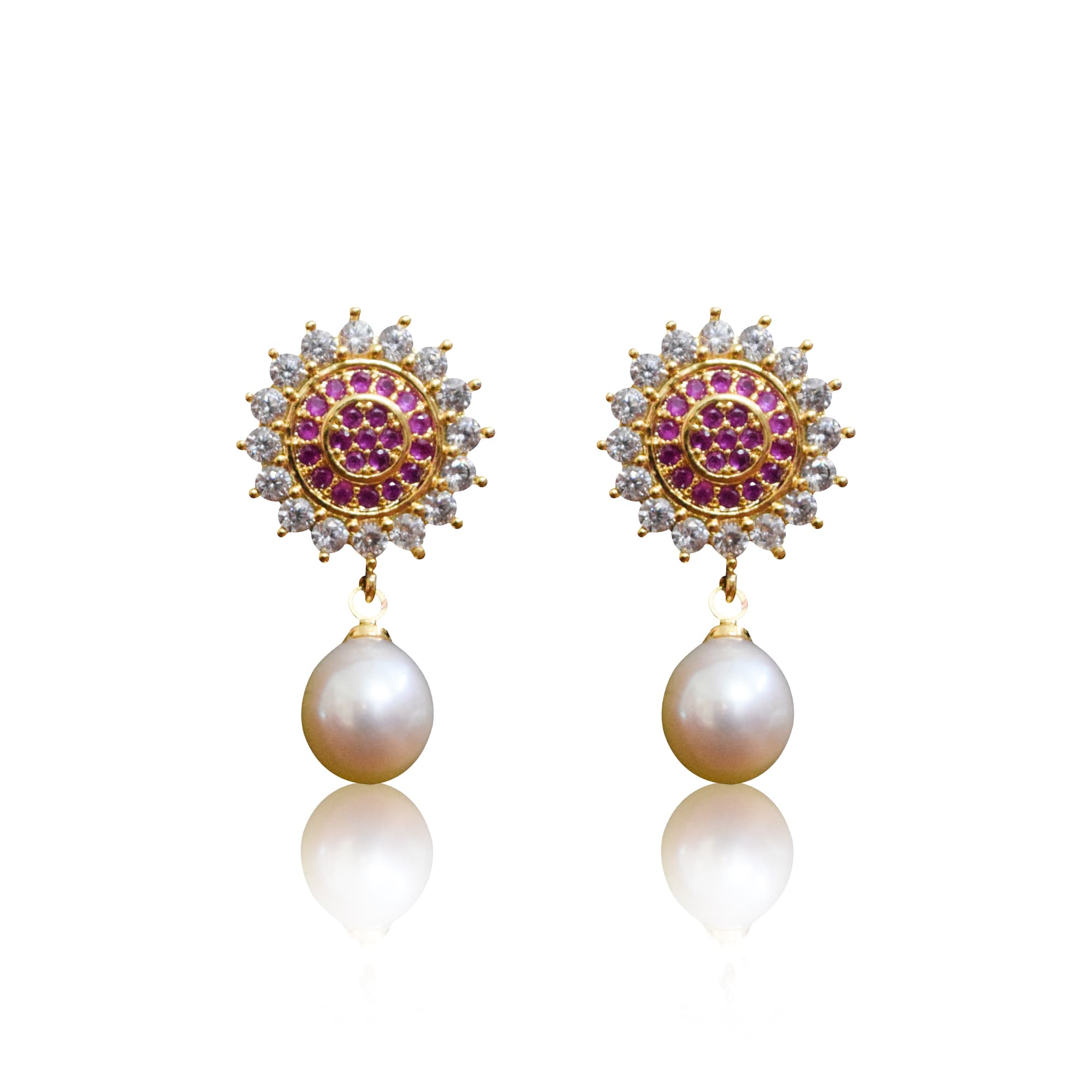 Elegant Floral CZ & SP Ruby Studs With White Oval Pearl Drops