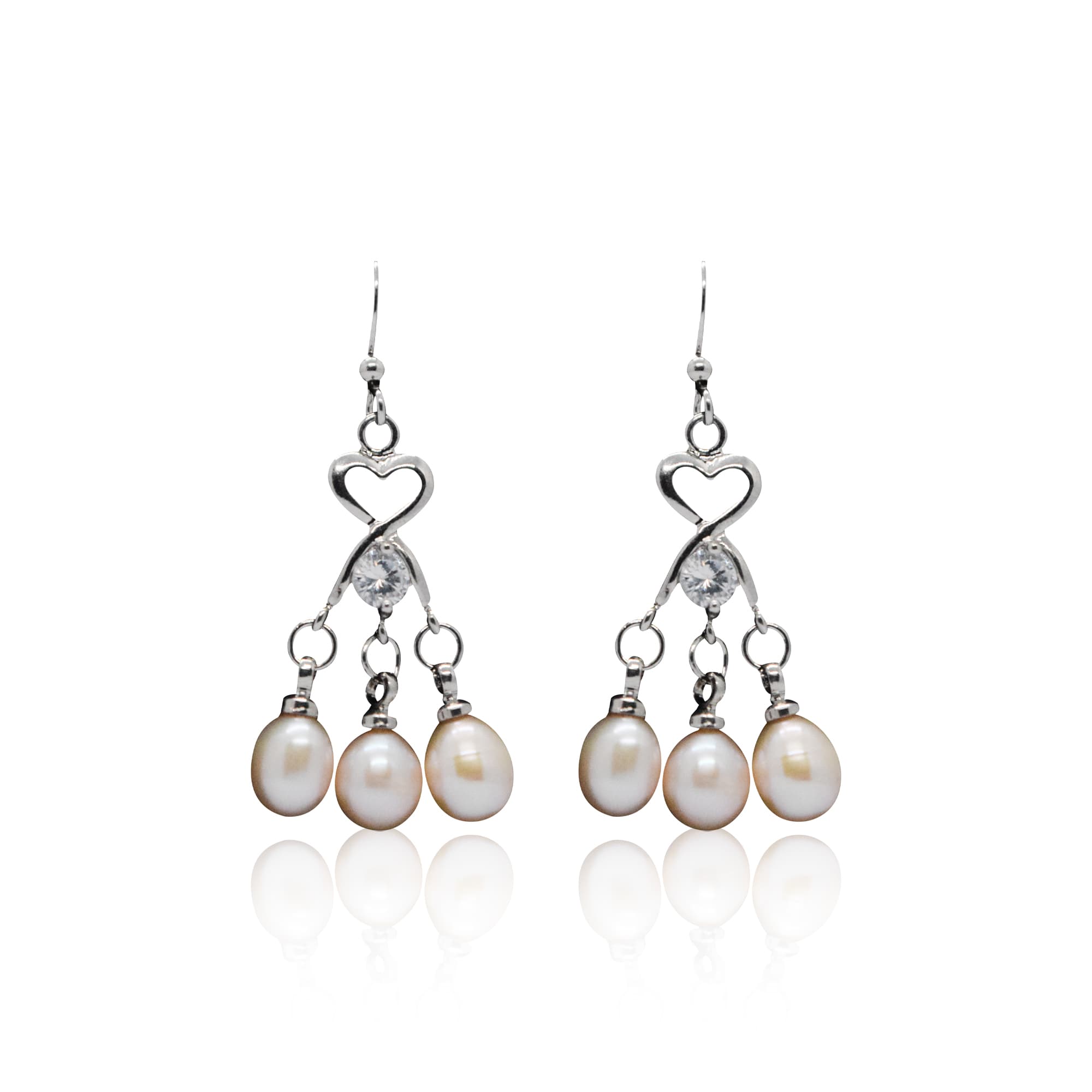 Pretty Hook Earrings Featuring 3 Oval Peach Pearls & CZ