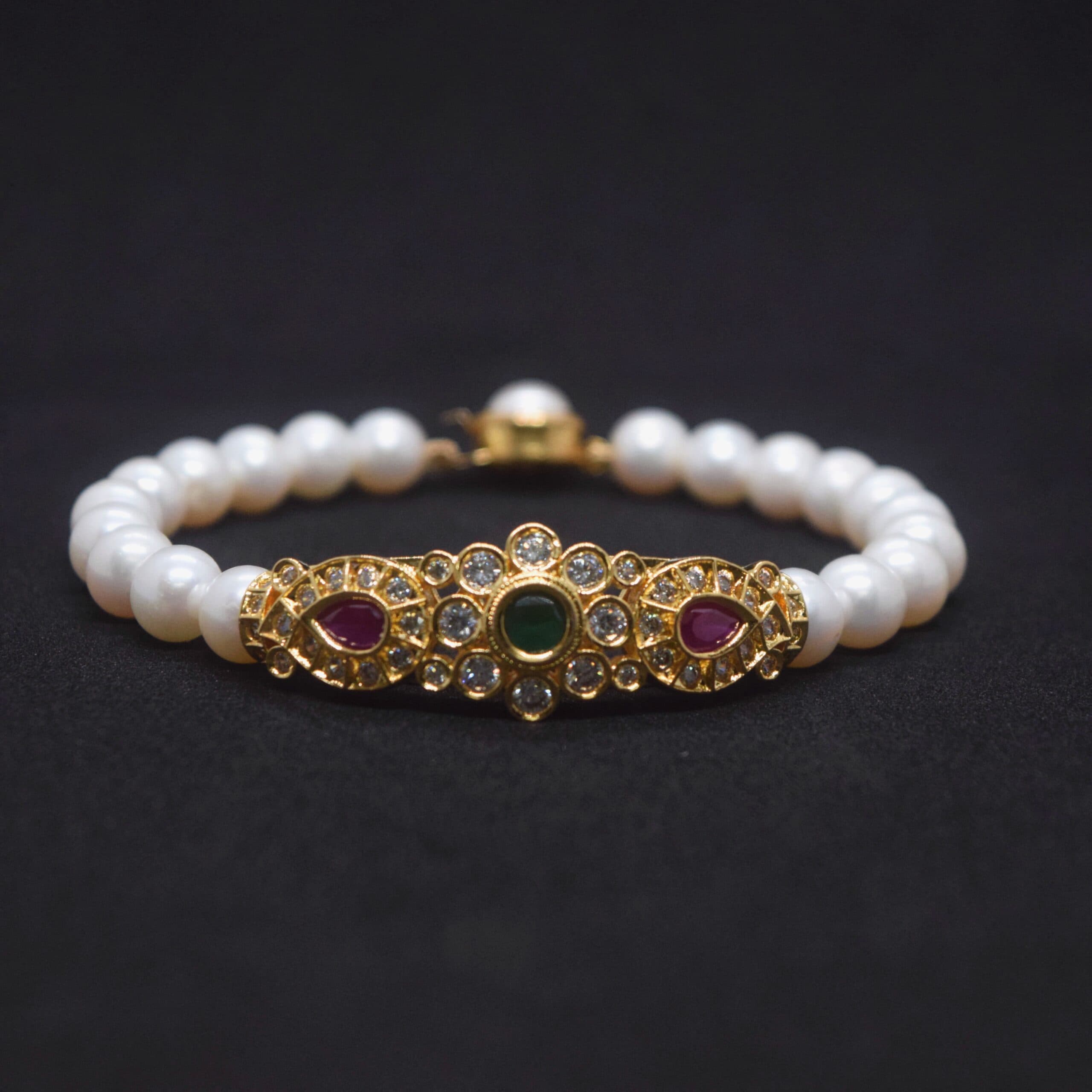 Breathtaking White Pearls Bracelet With Traditional AD Clasp