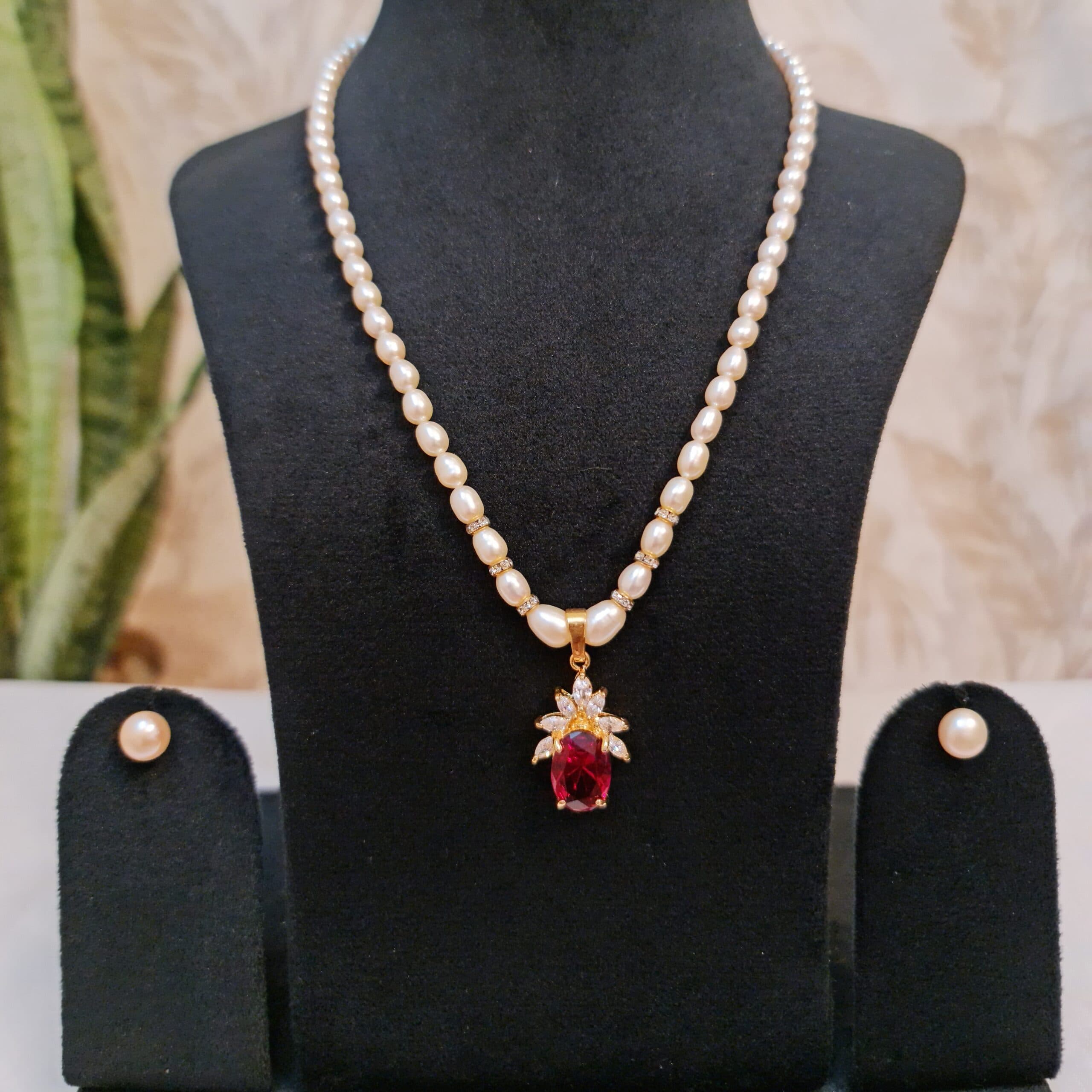 Radiant Peach Oval Pearl Necklace With A Bright SP Ruby & CZ Pendant
