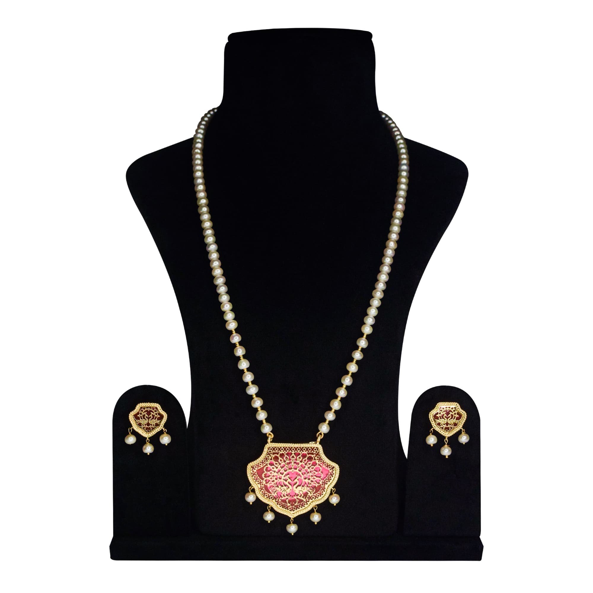 Royal White Pearl Necklace With A Rani Pink Thewa Pendant
