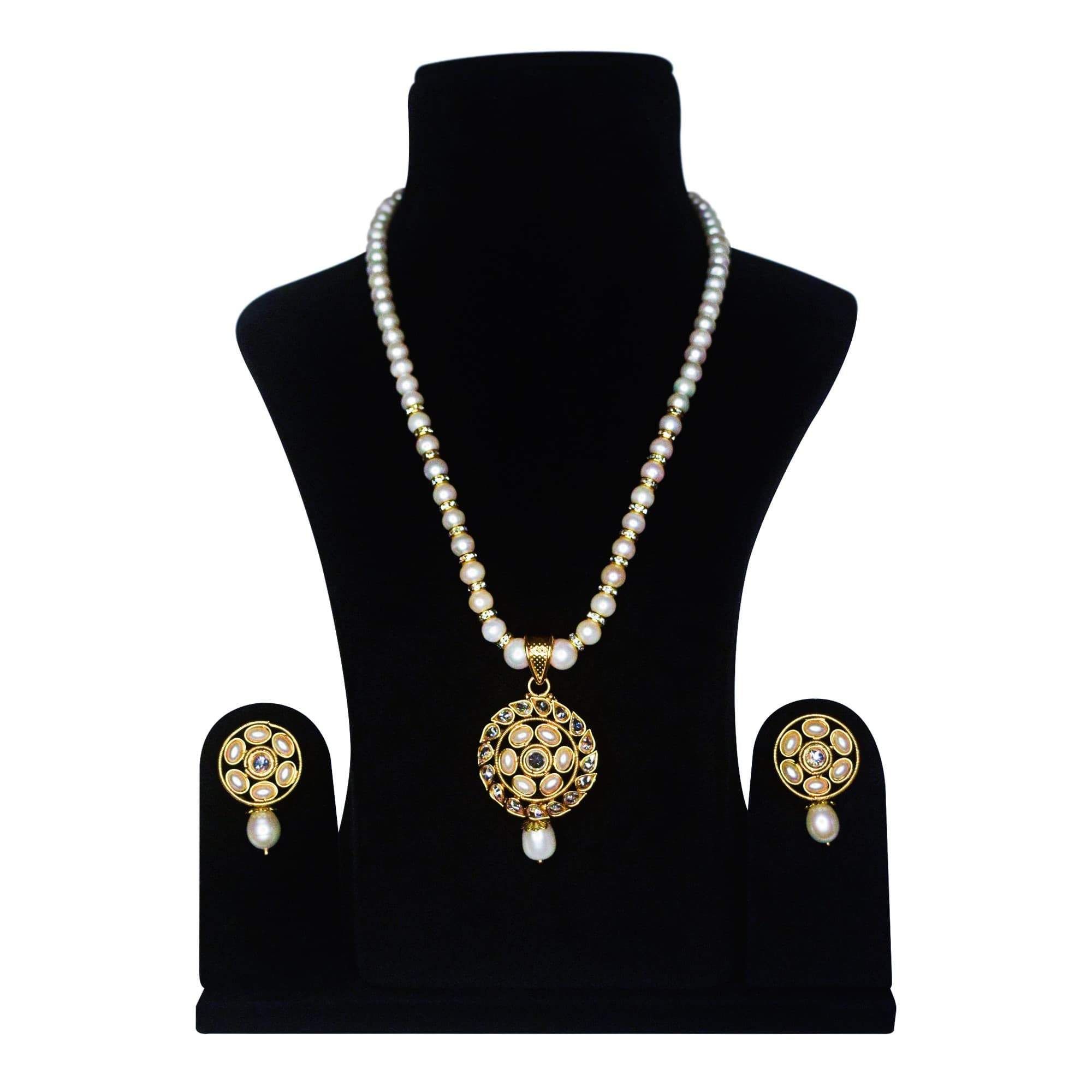 Radiant Lightly Graduated White Round Pearl Necklace With Polki Pendant