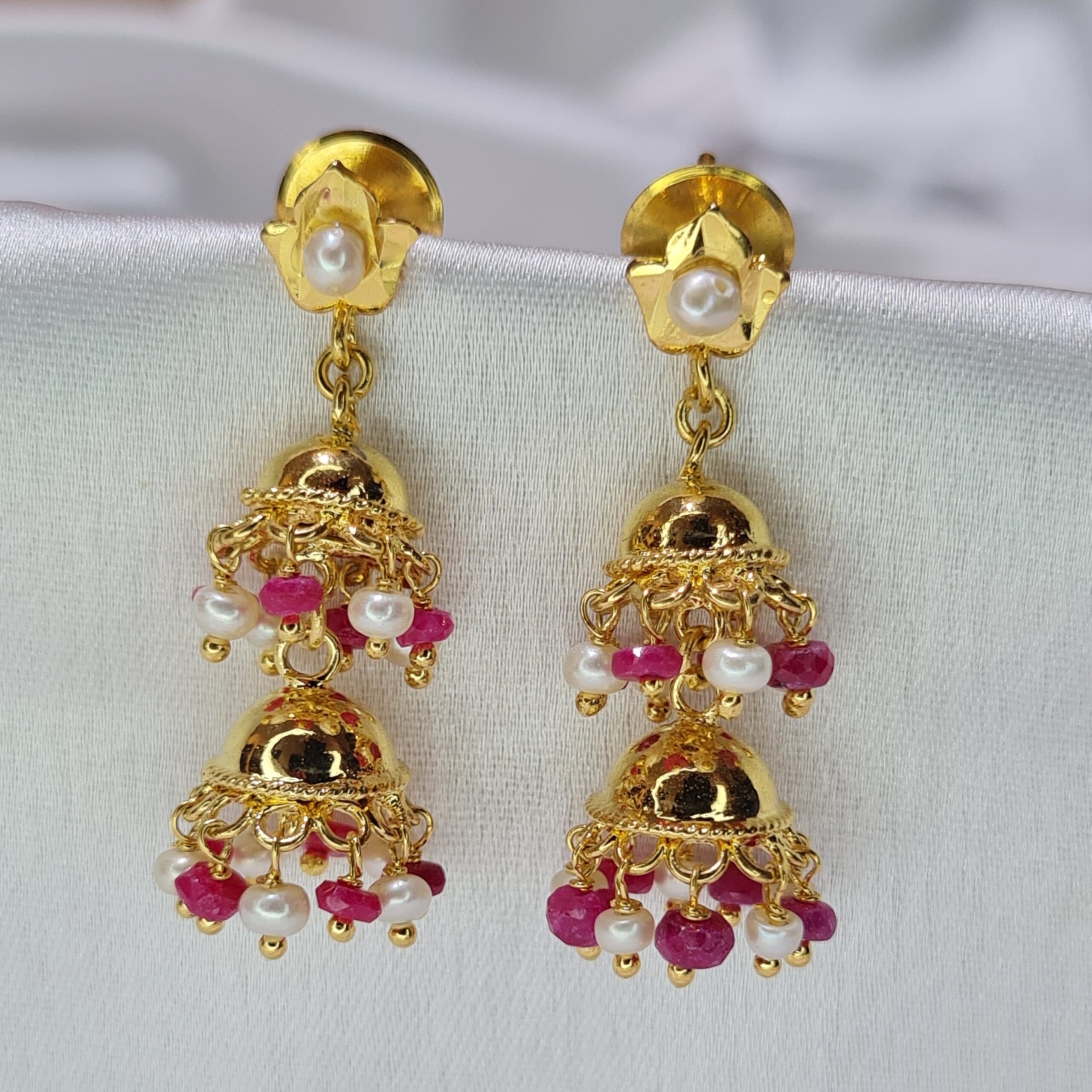 Radiant 2Step Jhumkas Featuring White Seed Pearl & Ruby Droplets