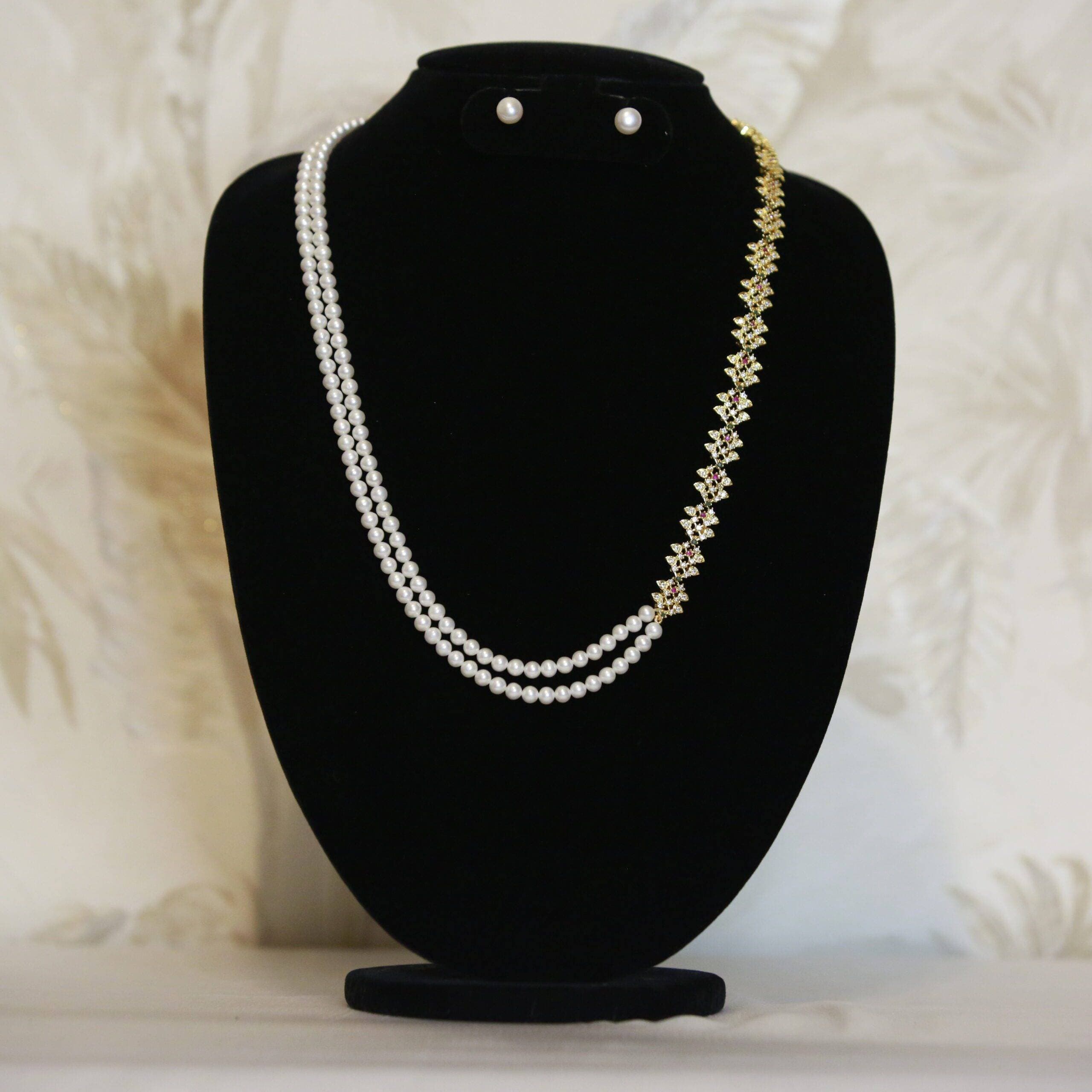 Gorgeous 5mm White Round Pearls 22Inch Long Necklace With CZ Side Chain