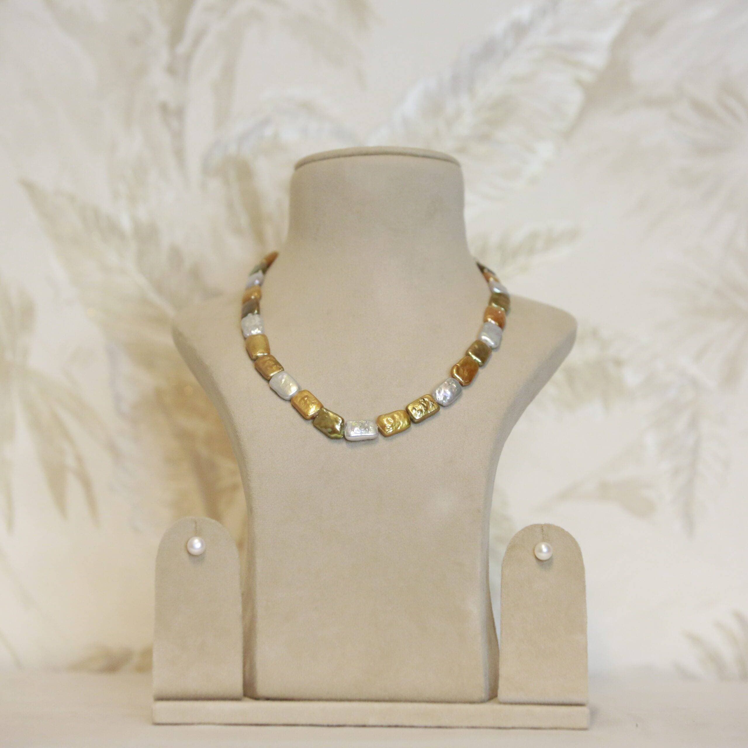 Lustrous Silver, Gold &amp; Green Flat Baroque Pearl 17Inch Necklace