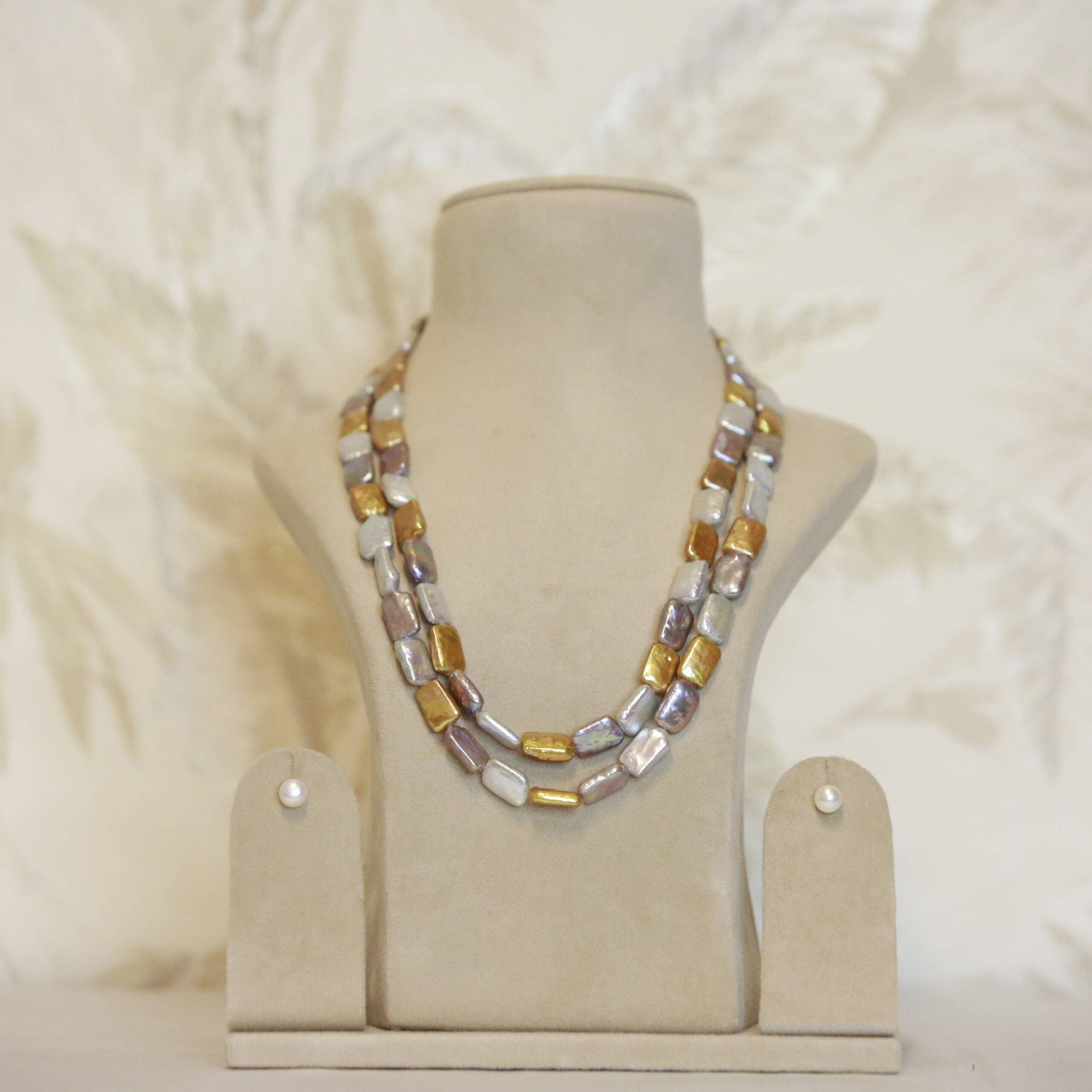 Exclusive Silver, Gold &amp; Green Flat Baroque Pearl 21Inch 2Line Necklace