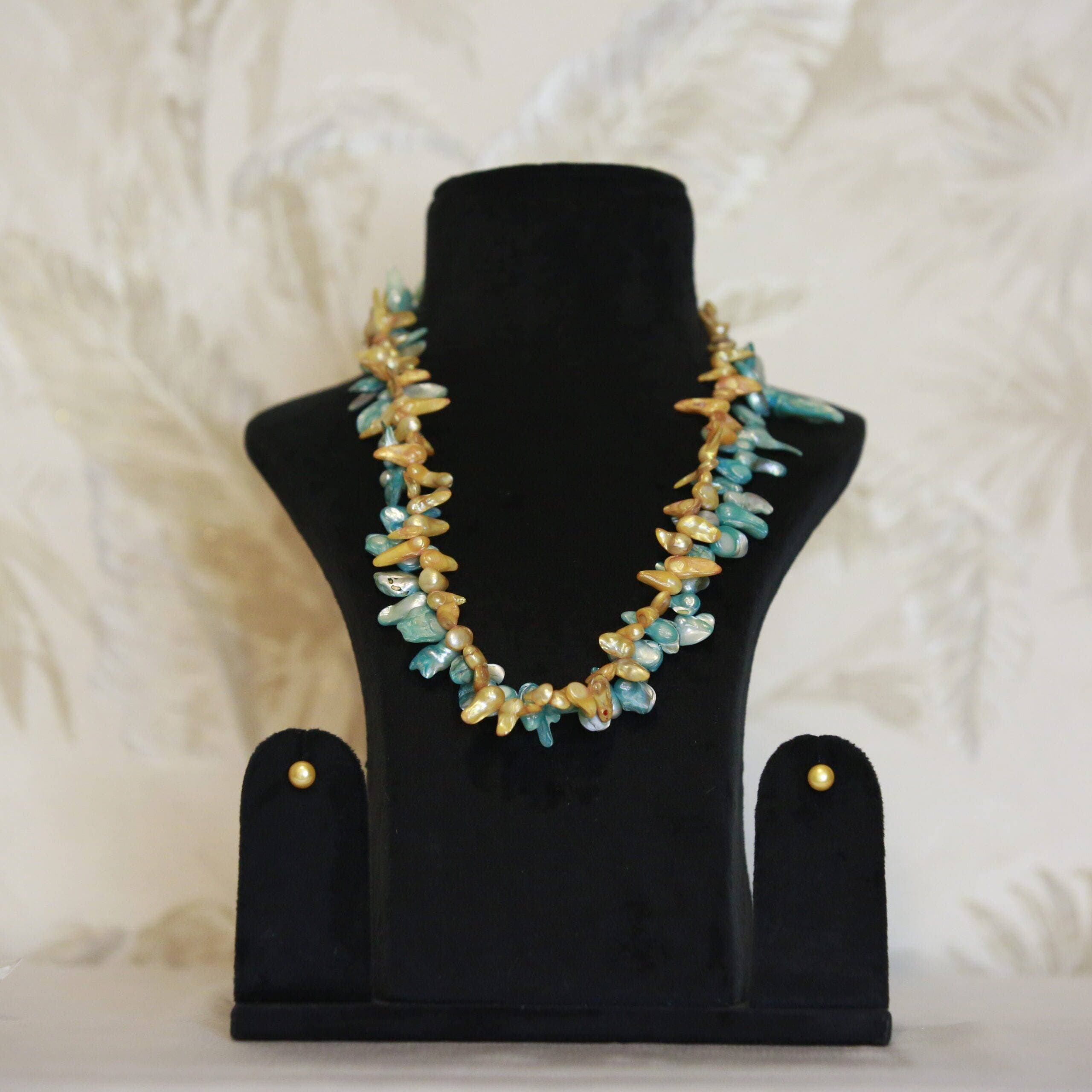 Summery Mustard Yellow &amp; Aqua Green Biwa Pearl 20Inch 2-Line Necklace