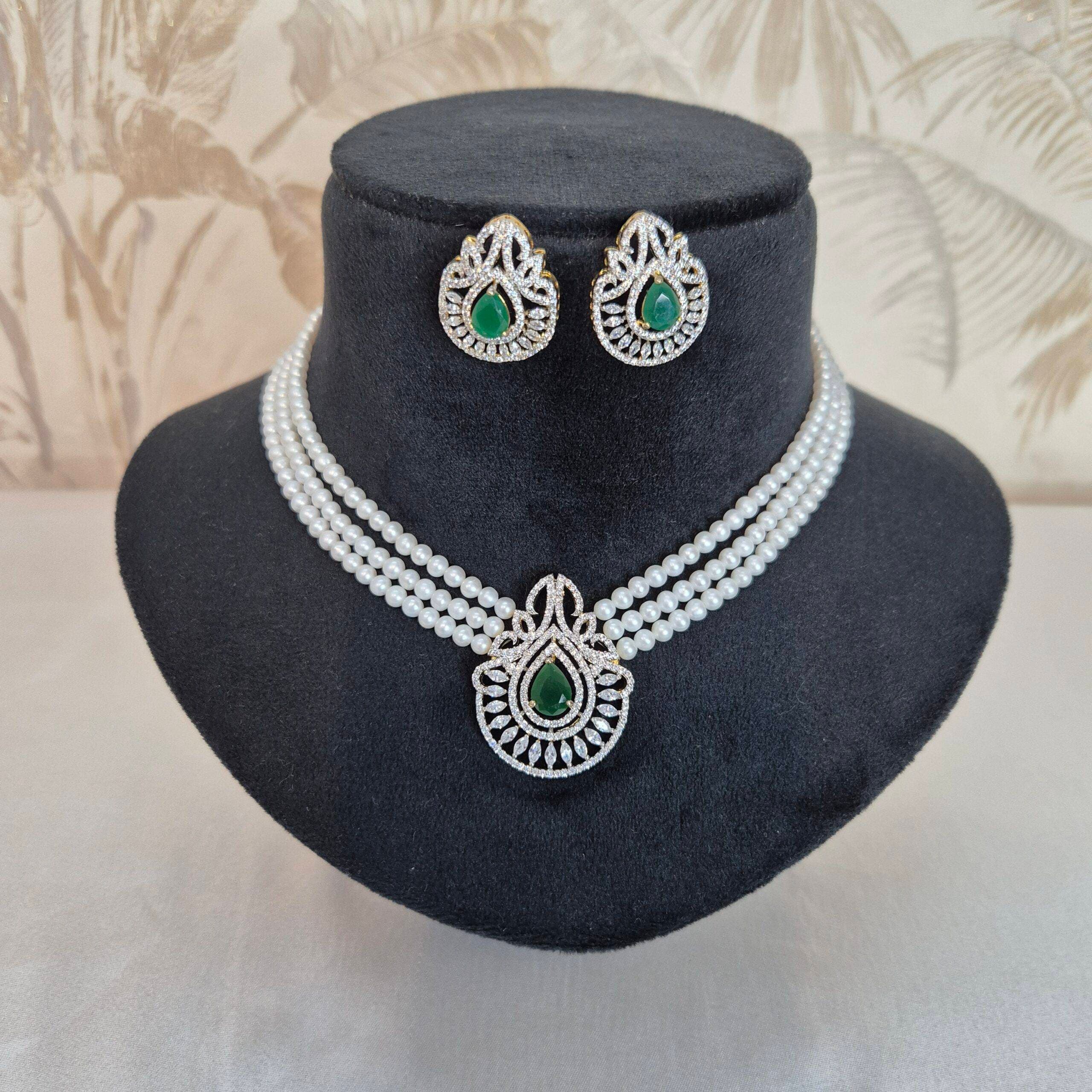 Designer 3-line White Round Pearls Necklace With CZ & SP Emerald Pendant