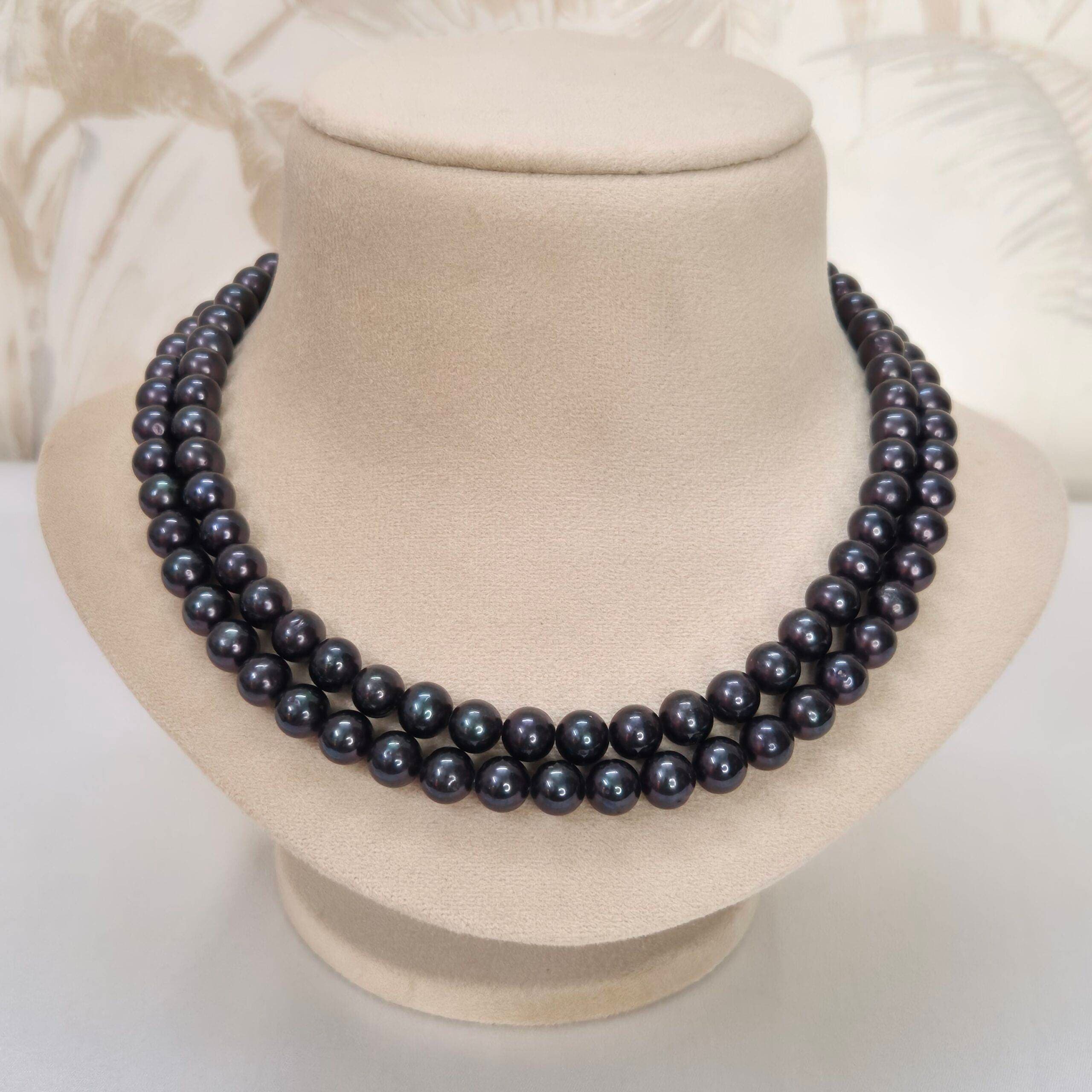 Impressive Blackish Green 8.5mm Round Pearls 18Inch 2Row Necklace