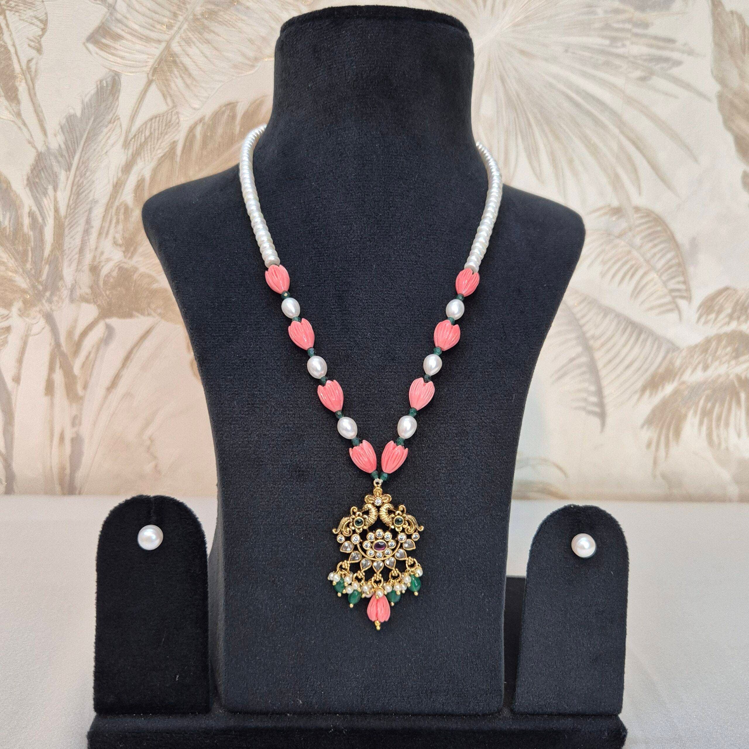 Elegant White Pearls Necklace With Tulip Corals & Traditional Pendant
