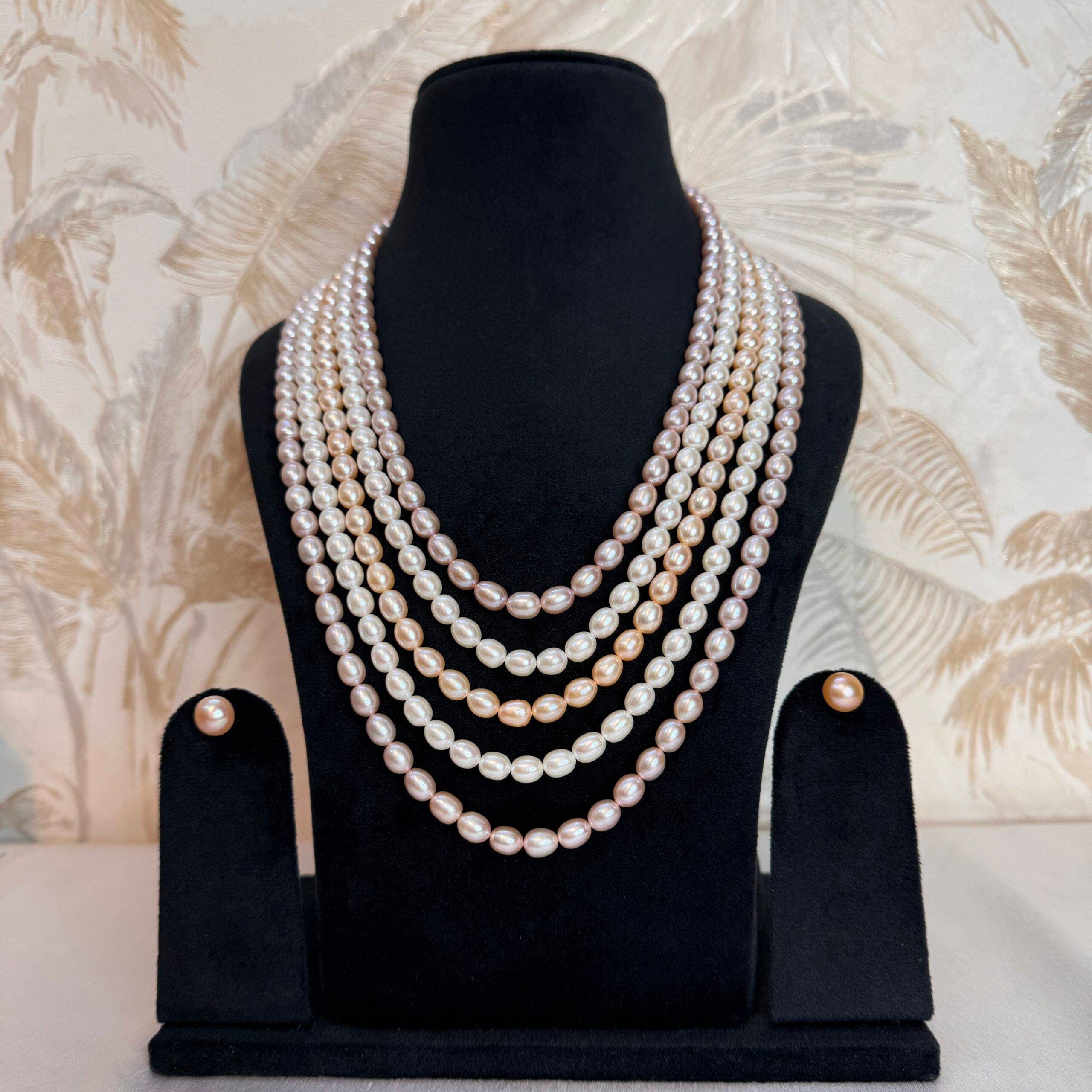 Glamorous Multi-Layer 23Inch Long Necklace With White Peach &amp; Pink Oval Pearls