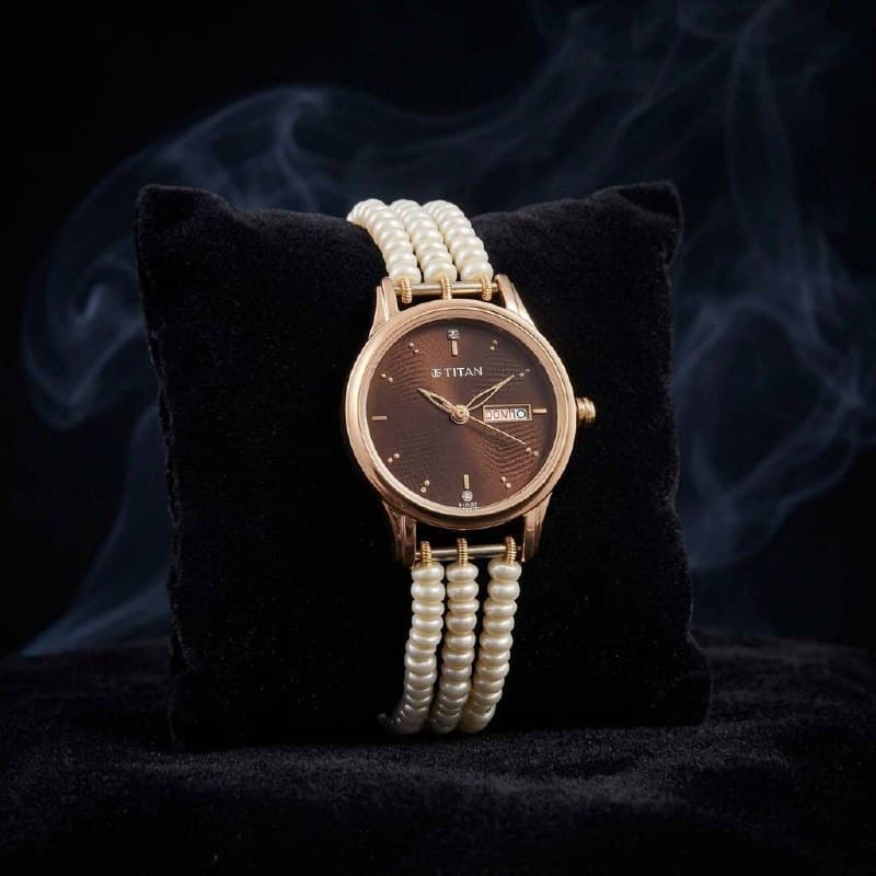 Classy Triple Line 4mm White Semi-round Pearls Watch With Sonata Dial