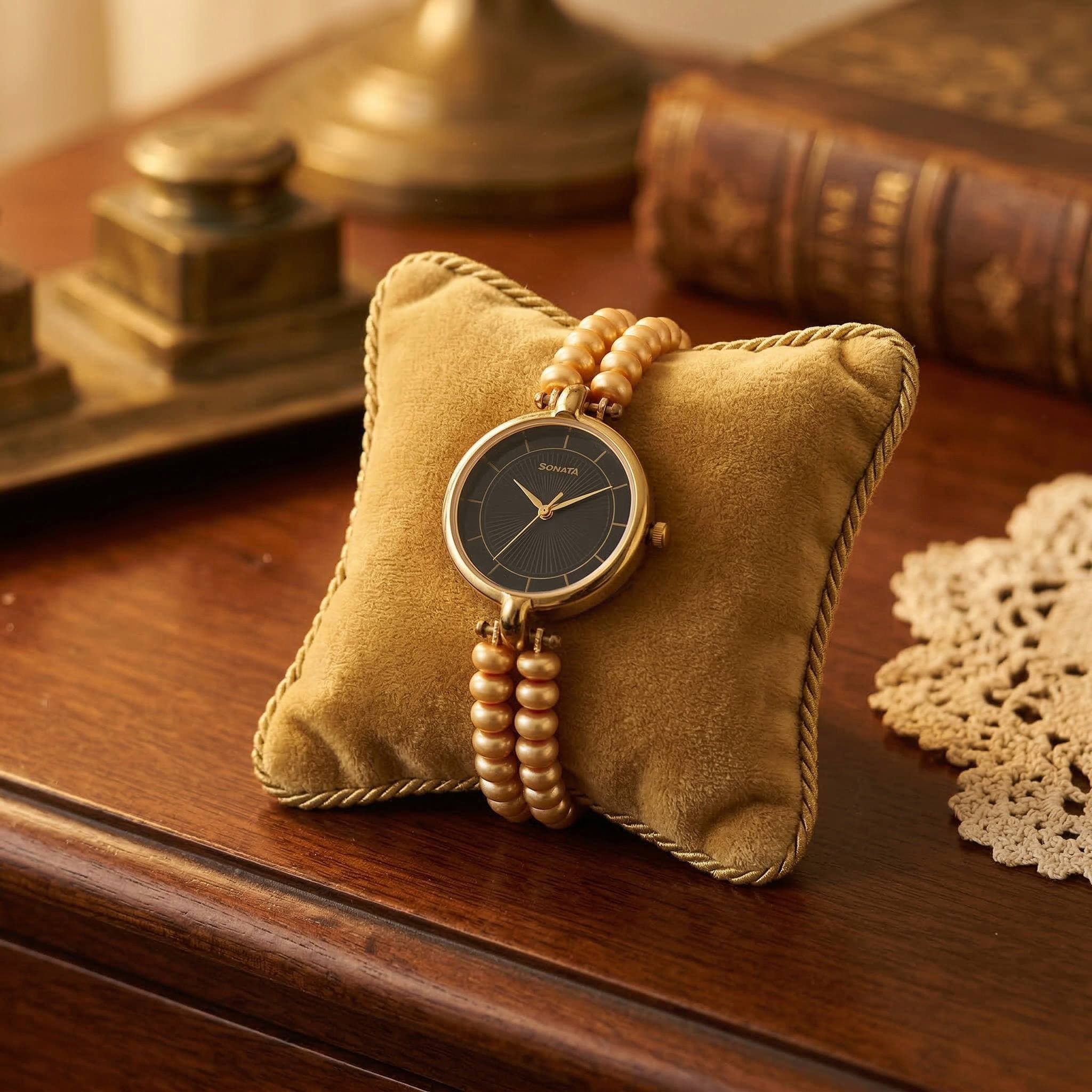 Gleaming 2Line 6mm Golden Semi-round Pearls Watch With Sonata Dial