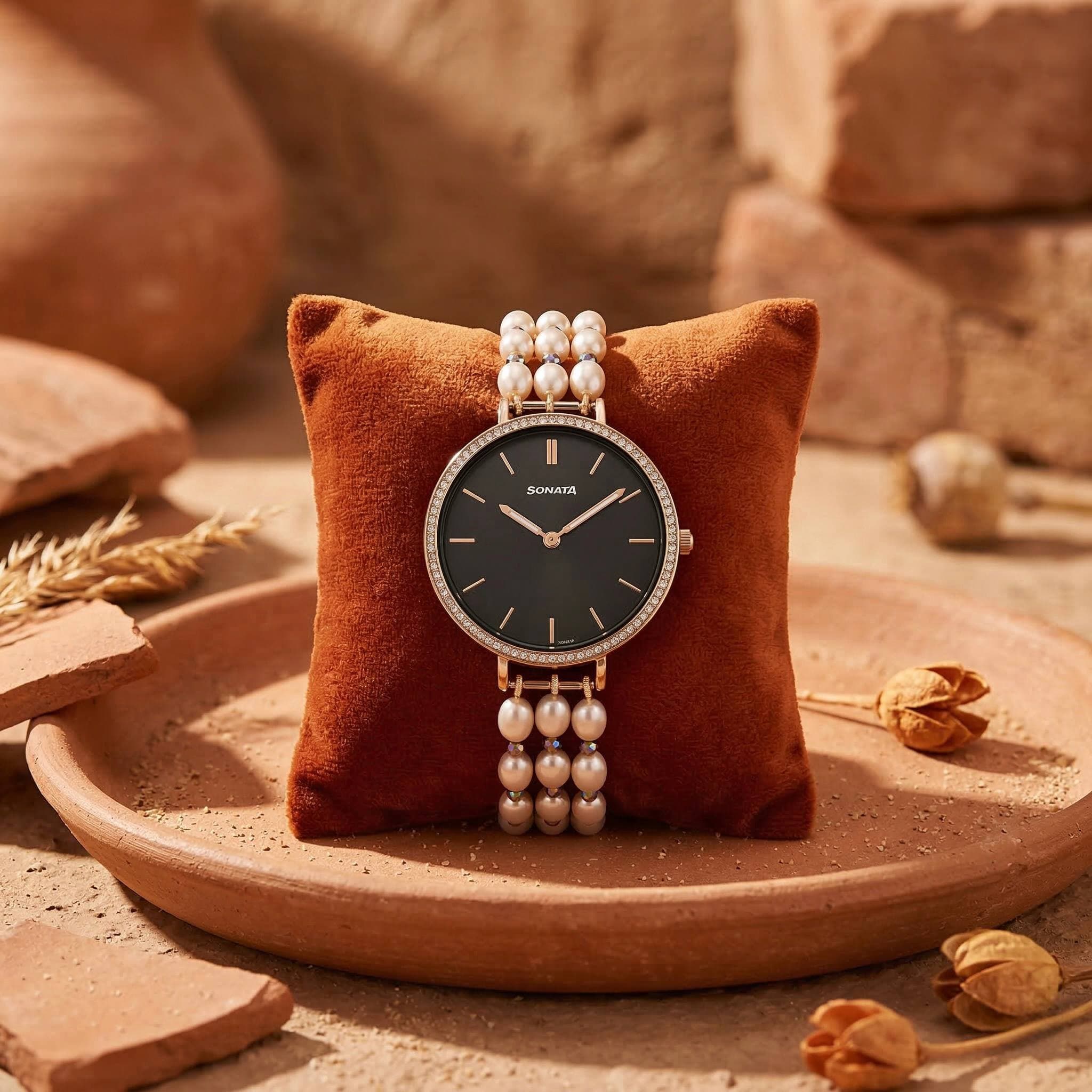 Dazzling 3-Line 5mm Pink Oval Pearls Bracelet With Round Sonata Dial