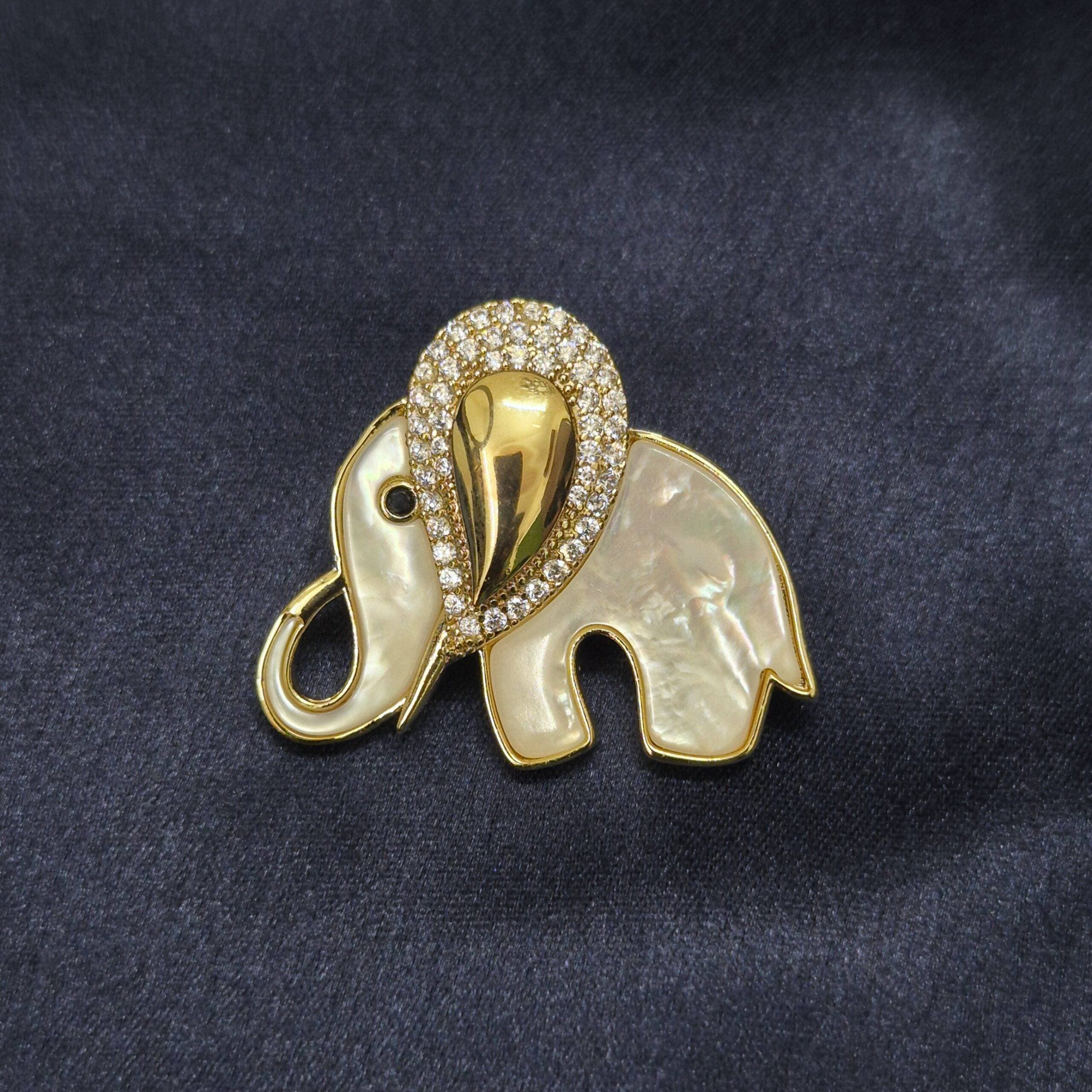 Cute Mother Of Pearl Elephant Brooch Enhanced With Zircons