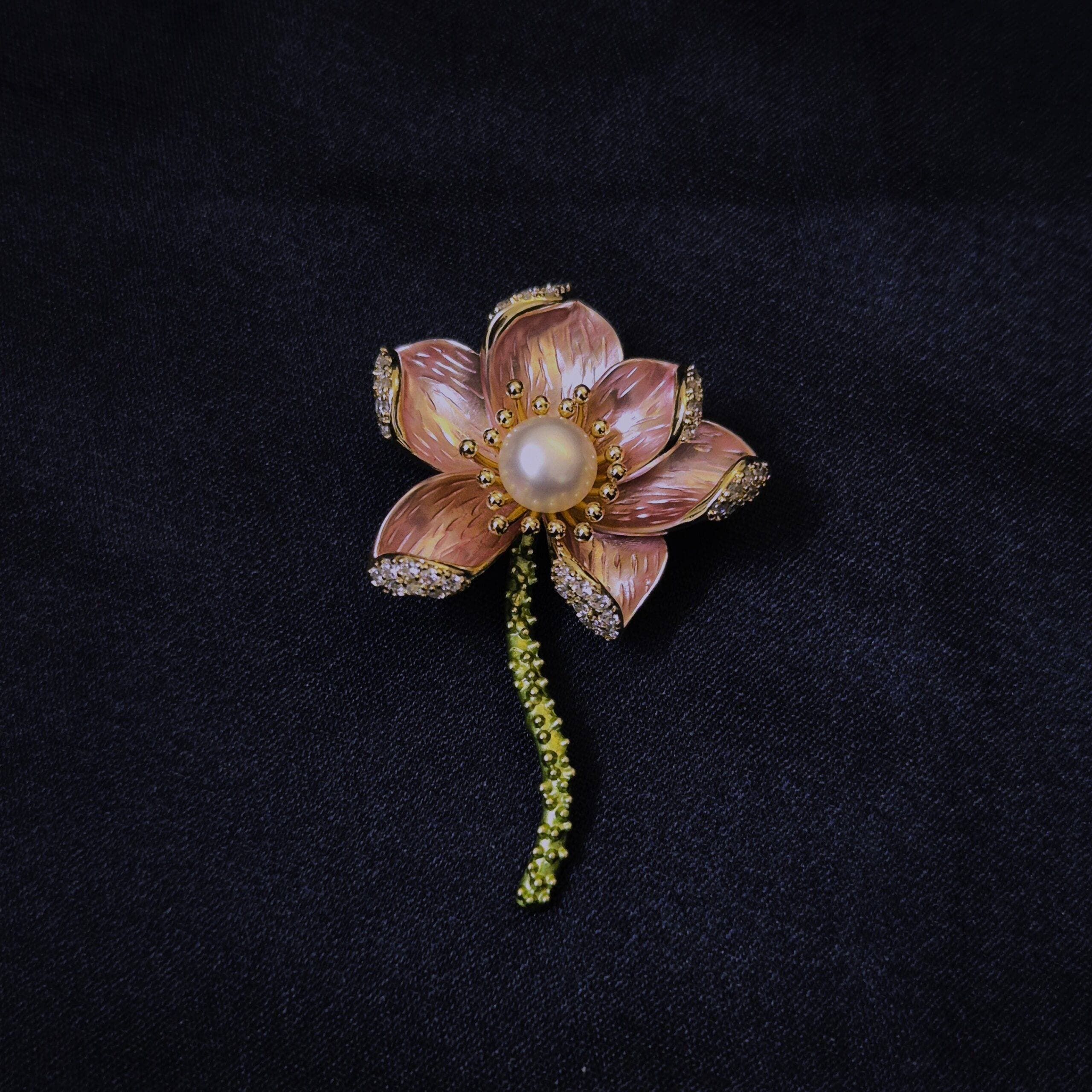 Beautiful White Button Pearl Brooch With Enameled Flower & CZ