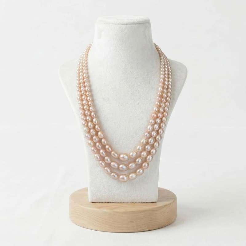 Exquisite 3Row 20Inch Long Necklace Featuring Graduated Peach Oval Pearls