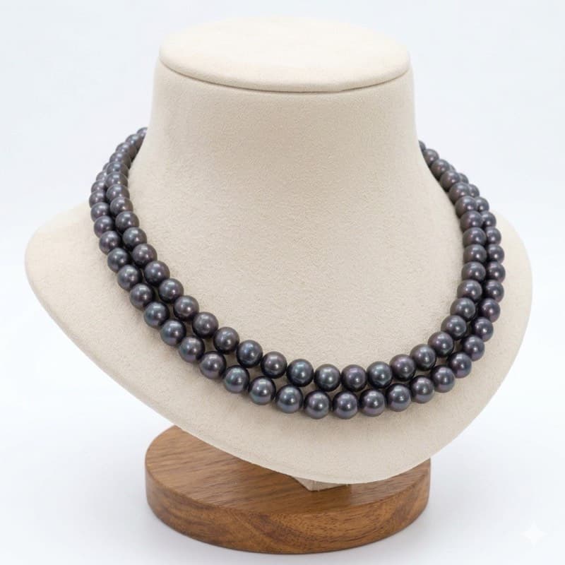 Impressive Blackish Green 8.5mm Round Pearls 18Inch 2Row Necklace - Image 2