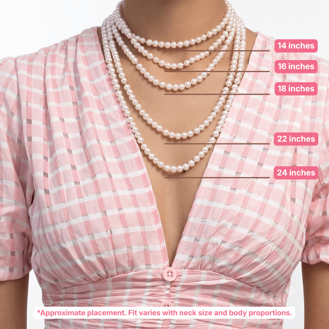 Necklace length guide showing approximate placement of 14, 16, 18, 22 and 24-inch pearl necklaces. Fit varies with neck size and body proportions.