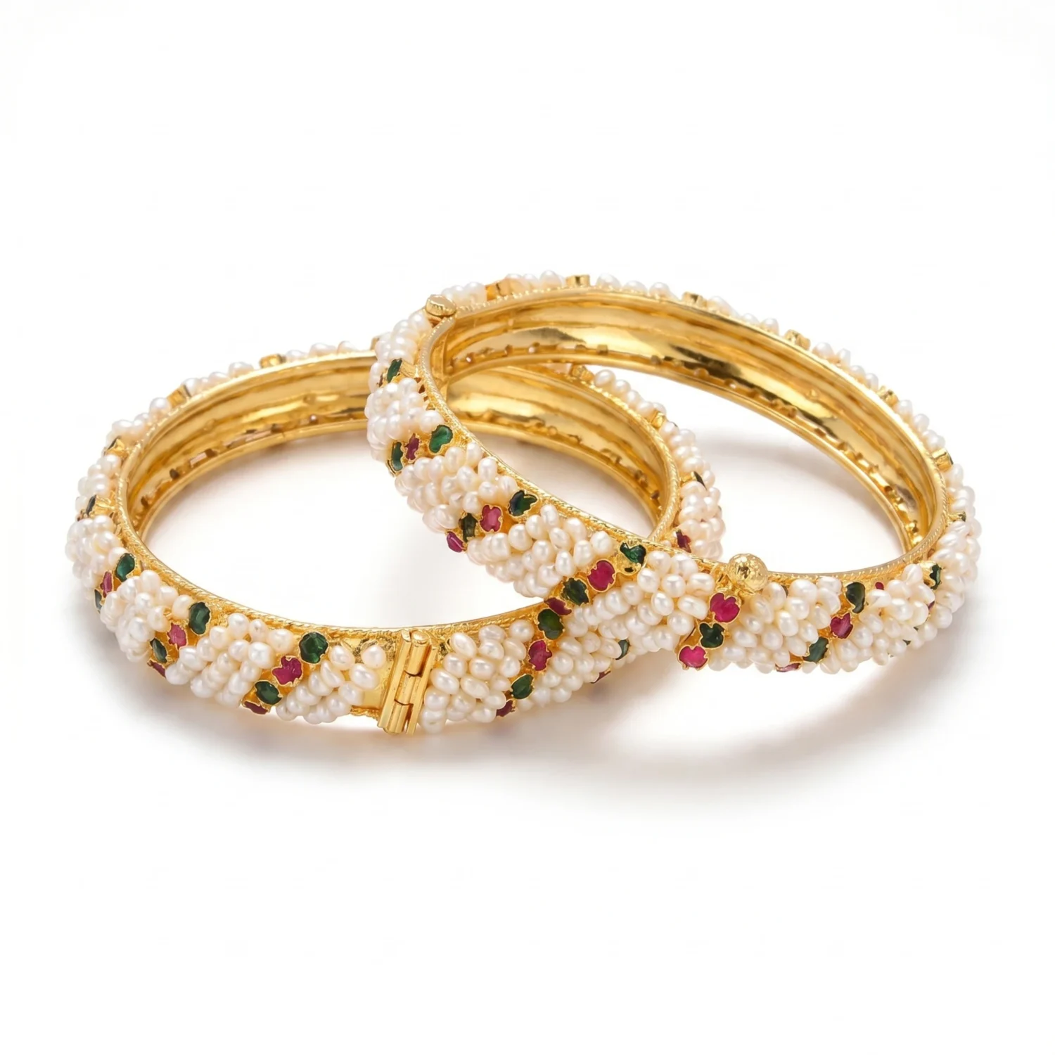 Traditional and elegant seed pearl bangles in red and green stones