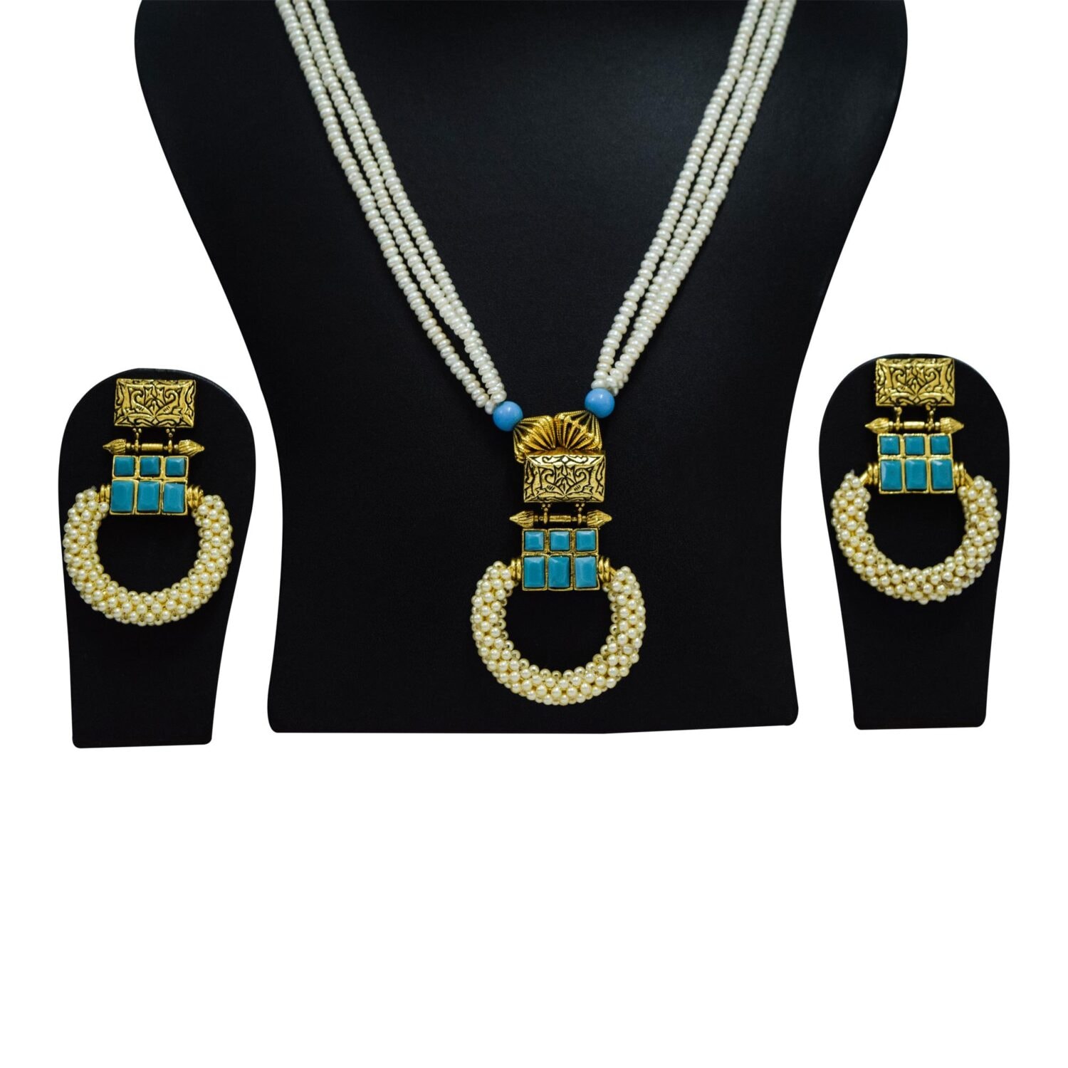 Traditional Polki Set in 3 Lines of Small Half Round Pearls - Image 2