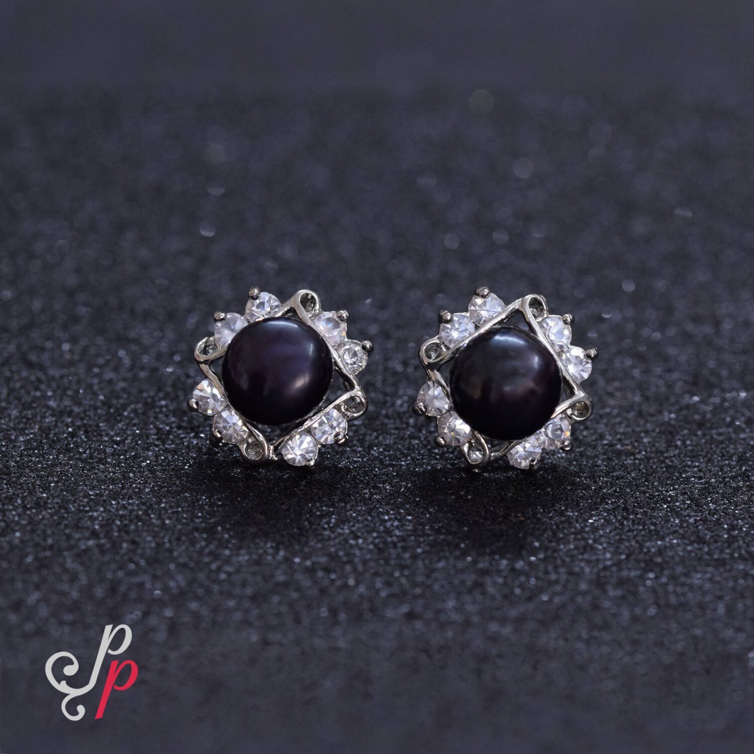 Black pearl Studs with Beautiful American Diamonds