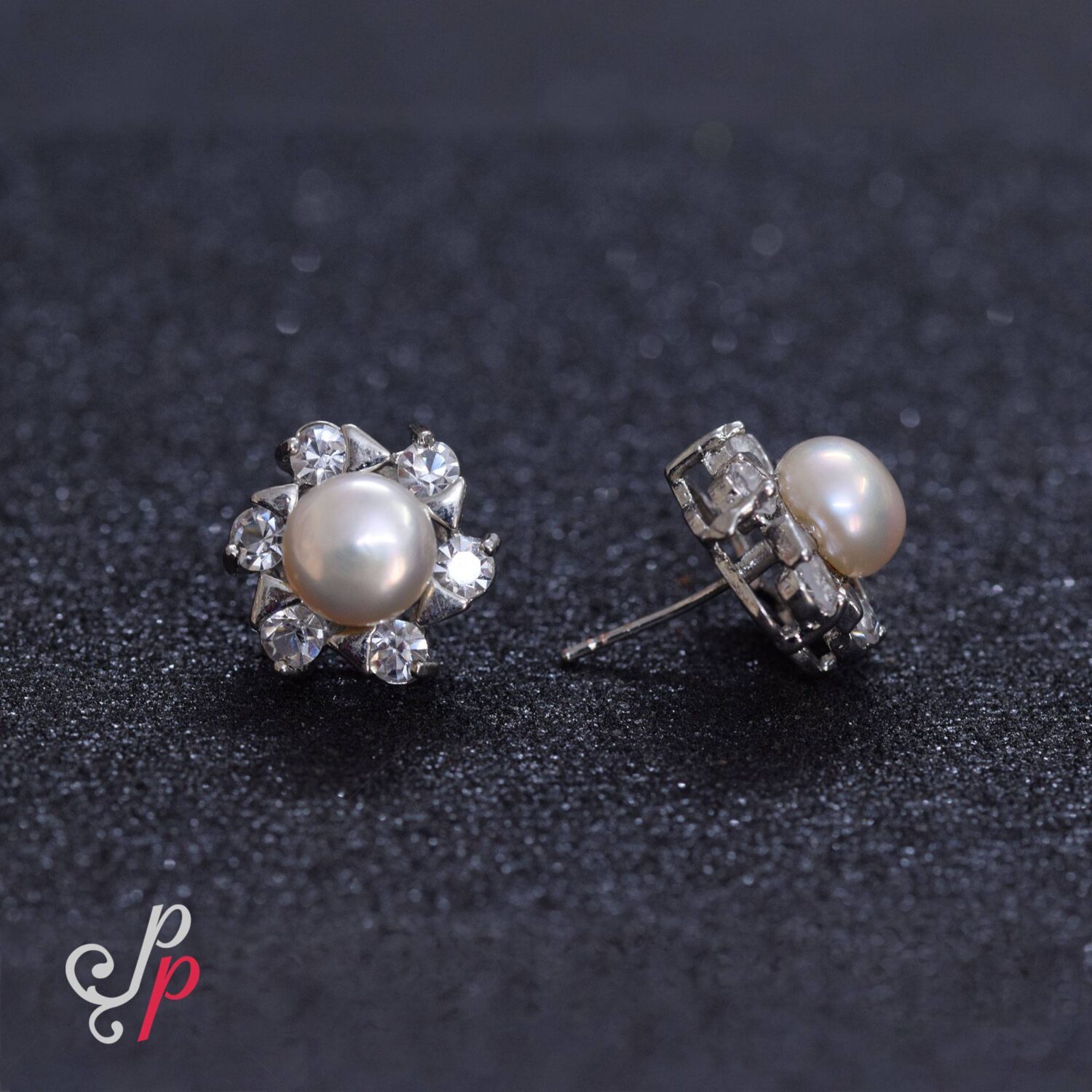 Pearl Studs in Light Pink Pearls and American Diamonds - Image 2