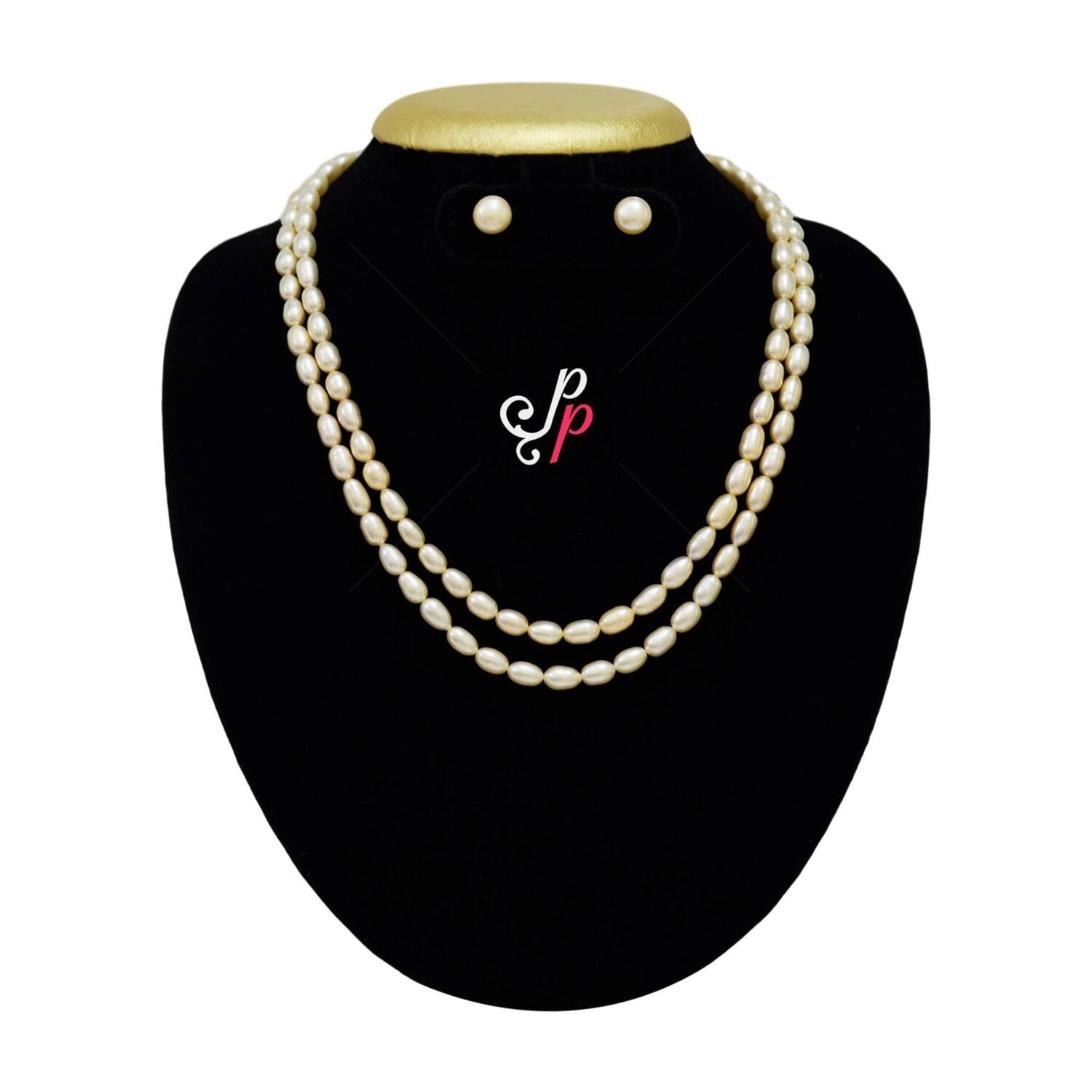 2 Lines Plain Pink Pearl Necklace in Long Oval Pearls - Image 3