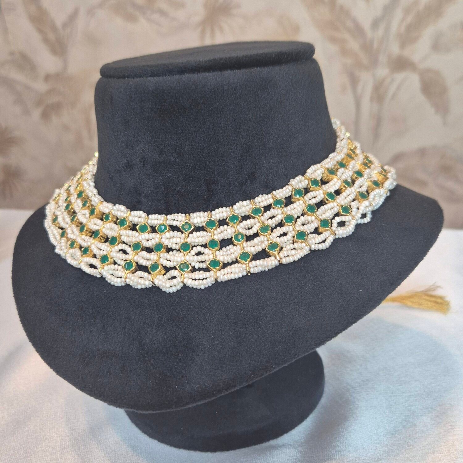 Broad Pearl Choker in Tiniest White Seed Pearls and SP Emeralds - Image 2