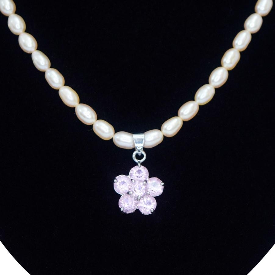 Cute Pink Pearl Necklace with Flower-Like Crystal Pendant - Image 2