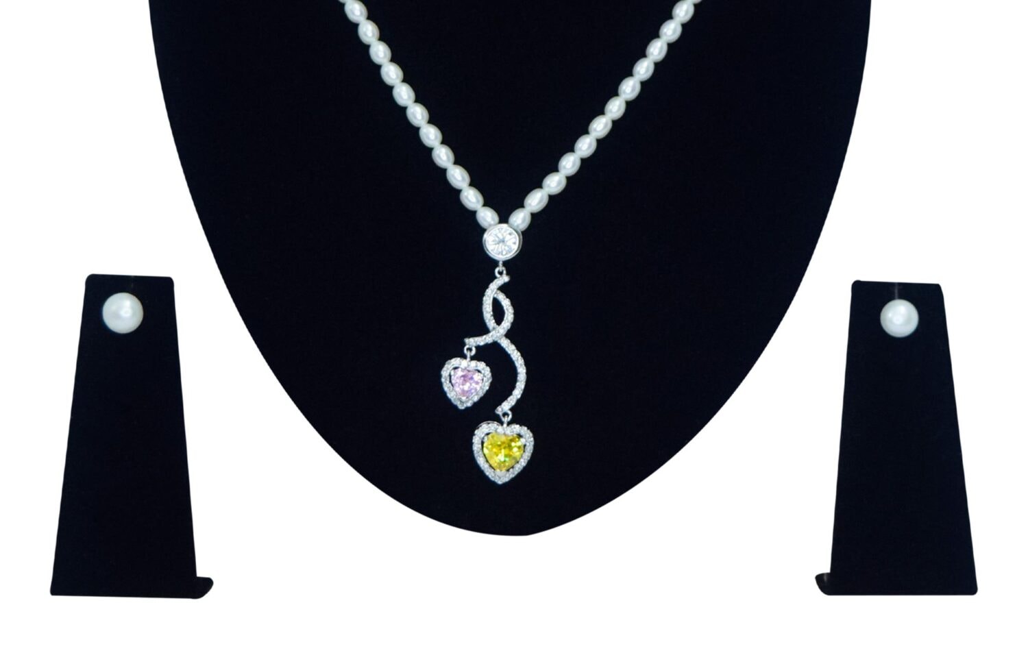 Stylish White Pearl Necklace With Cute Hearts Entwined Pendant - Image 2