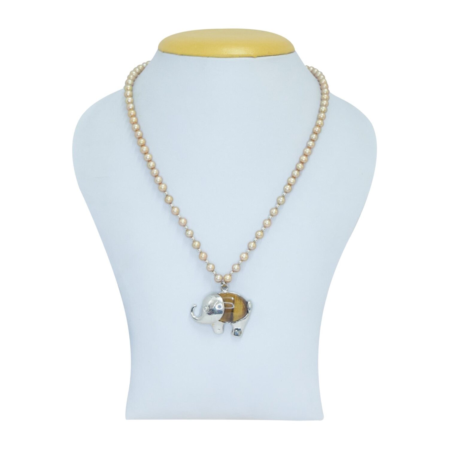 Golden Pearl Necklace With Tiger Eye Elephant Pendant