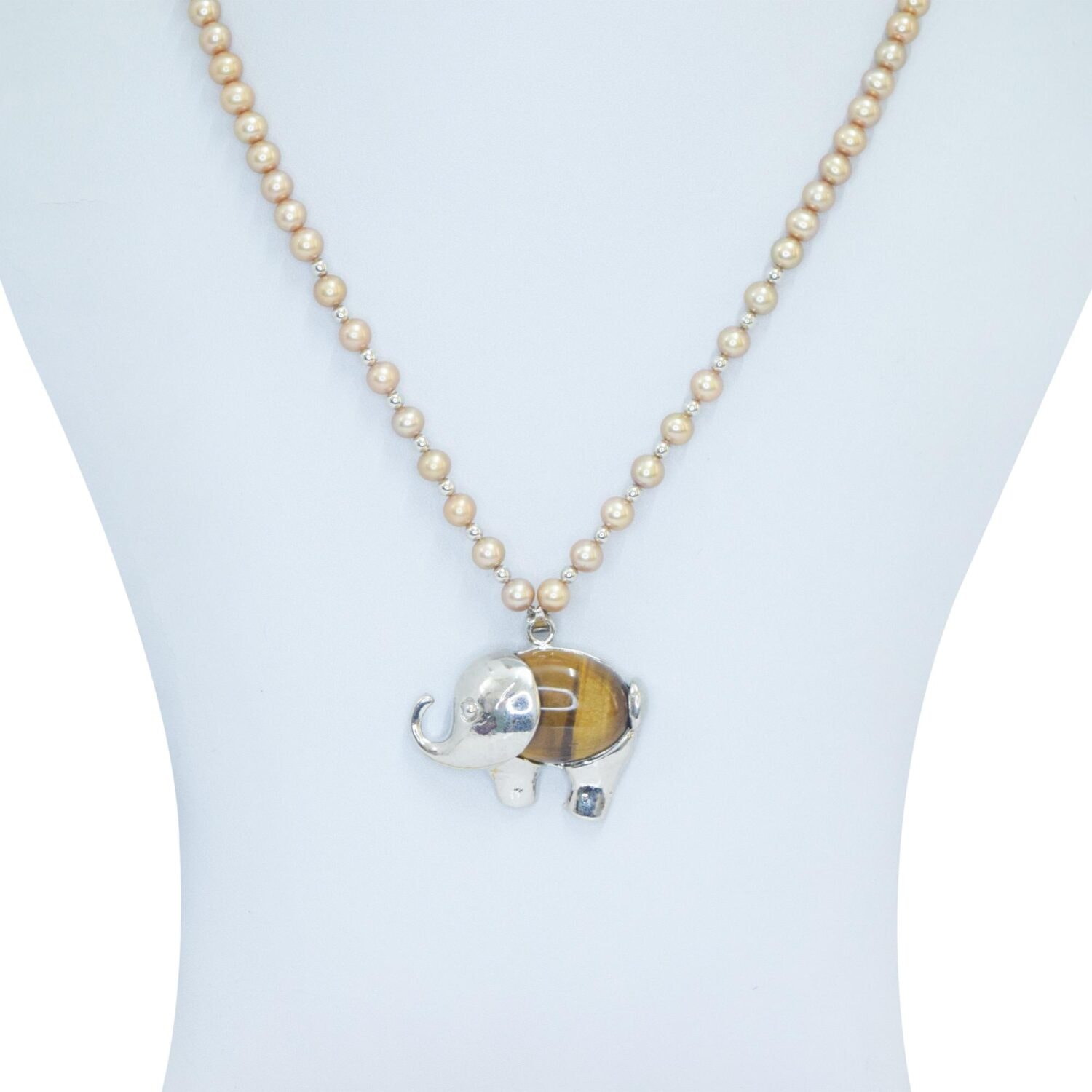 Golden Pearl Necklace With Tiger Eye Elephant Pendant - Image 2